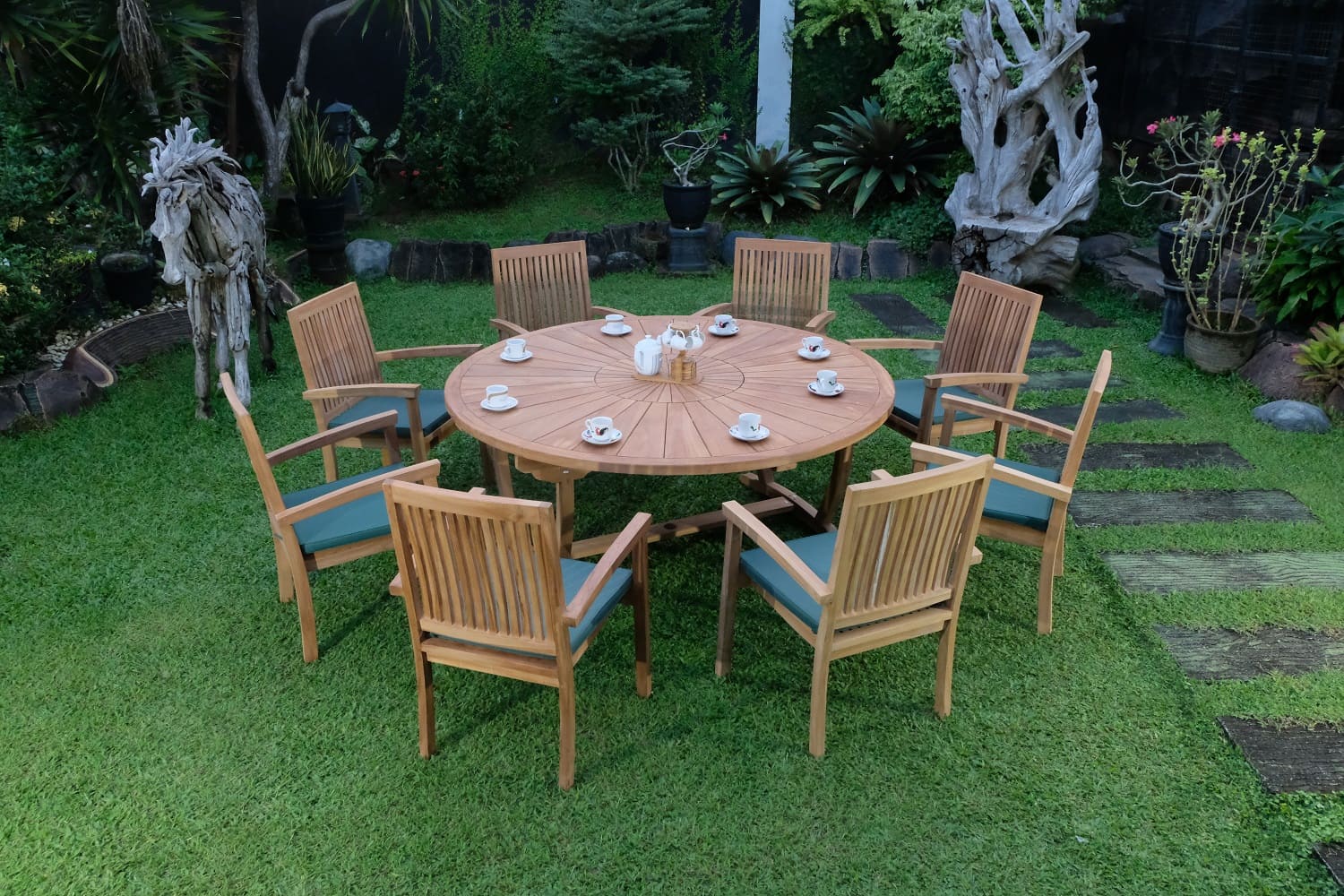 Teak Sunburst Oval 8 Seater Table 180cm (4cm Thick Top) with 8 Burnham Stacking Chairs (Garden / Outdoor Dining Set)