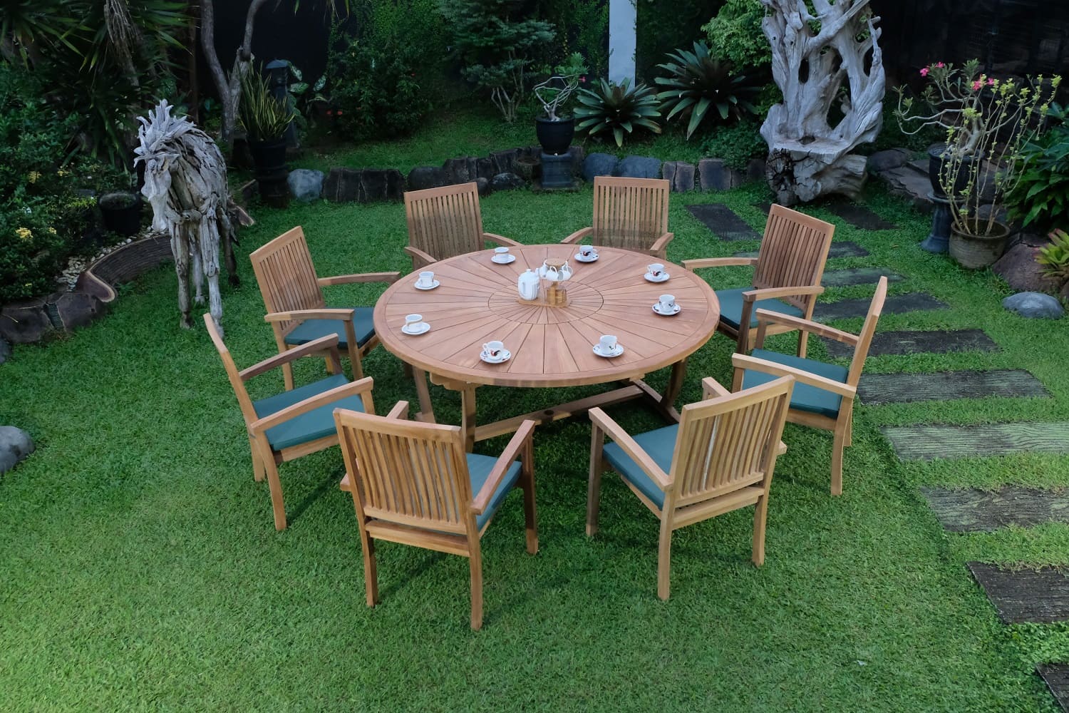 Teak Sunburst Oval 8 Seater Table 180cm (4cm Thick Top) with 8 Burnham Stacking Chairs (Garden / Outdoor Dining Set)