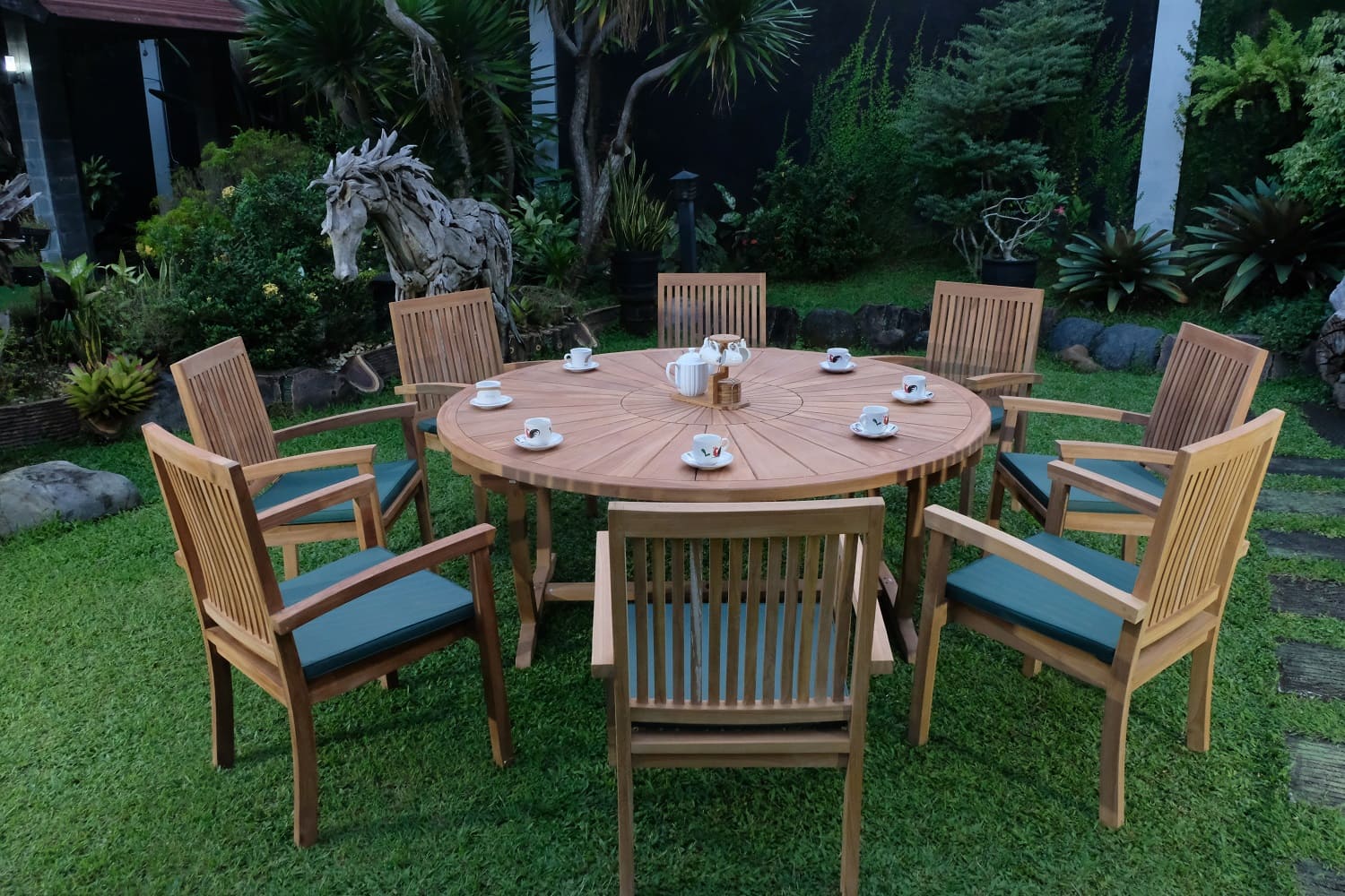 Teak Sunburst Oval 8 Seater Table 180cm (4cm Thick Top) with 8 Burnham Stacking Chairs (Garden / Outdoor Dining Set)