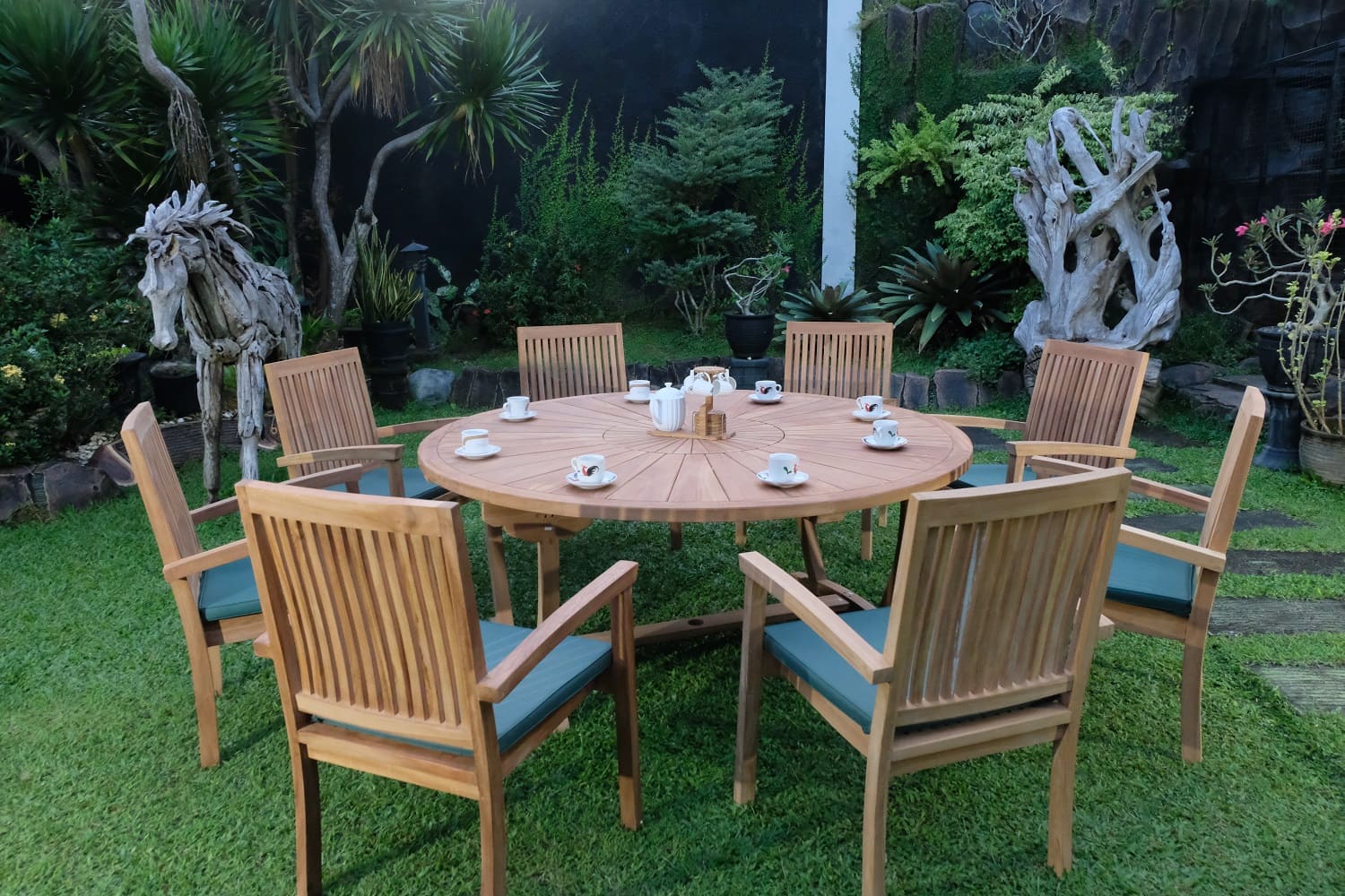 Teak Sunburst Oval 8 Seater Table 180cm (4cm Thick Top) with 8 Burnham Stacking Chairs (Garden / Outdoor Dining Set)