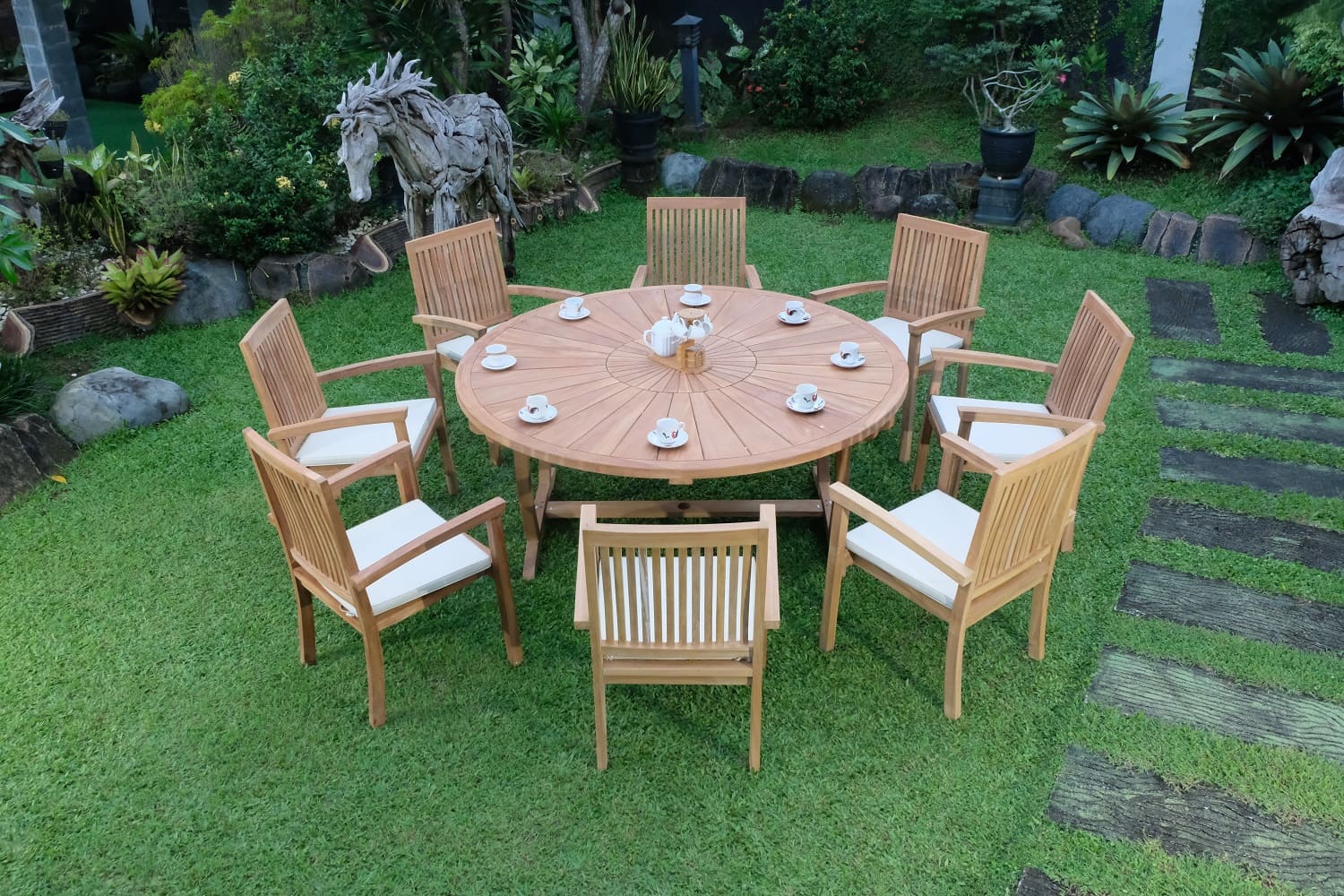 Teak Sunburst Oval 8 Seater Table 180cm (4cm Thick Top) with 8 Burnham Stacking Chairs (Garden / Outdoor Dining Set)