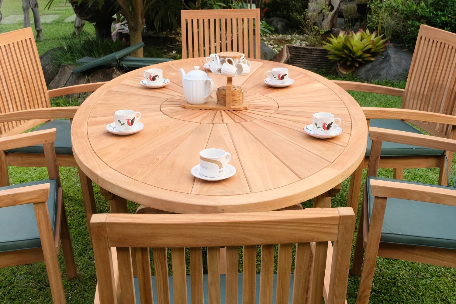Teak Sunburst Oval 8 Seater Table 200cm (4cm Thick Top) with 6 Burnham Stacking Chairs (Garden / Outdoor Dining Set)