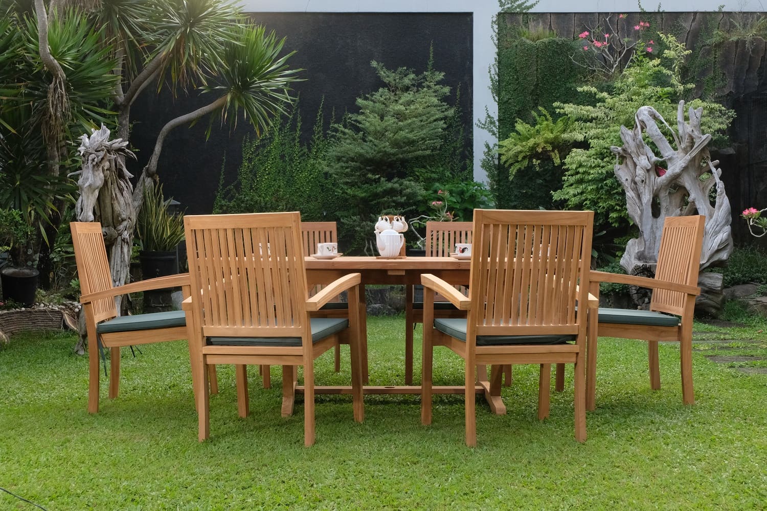 Teak Sunburst Oval 8 Seater Table 200cm (4cm Thick Top) with 6 Burnham Stacking Chairs (Garden / Outdoor Dining Set)