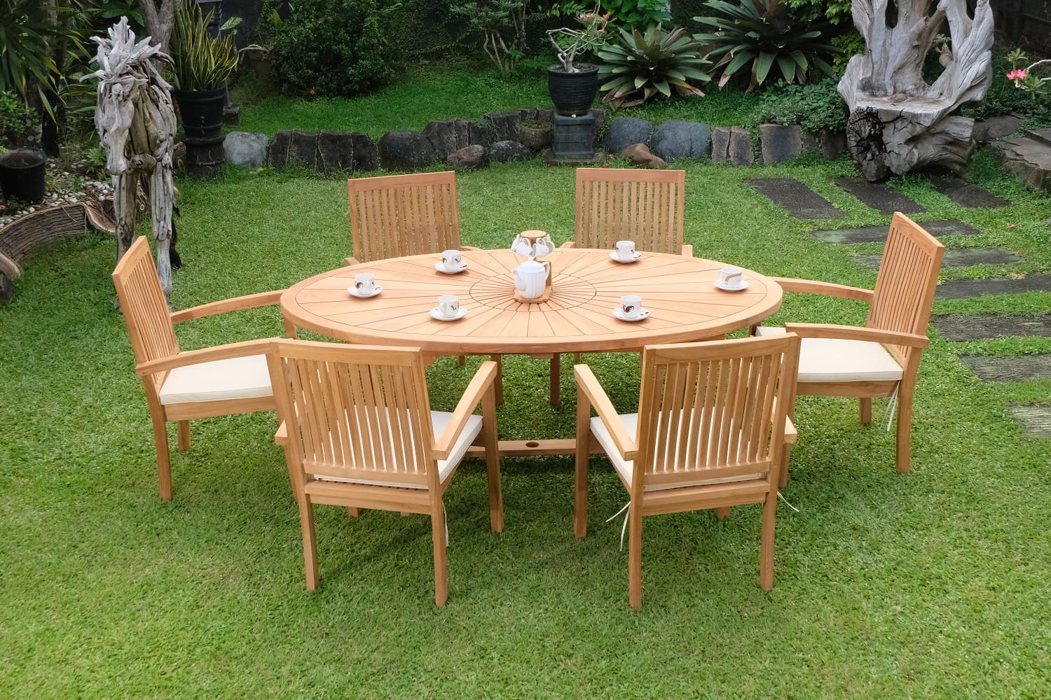 Teak Sunburst Oval 8 Seater Table 200cm (4cm Thick Top) with 6 Burnham Stacking Chairs (Garden / Outdoor Dining Set)