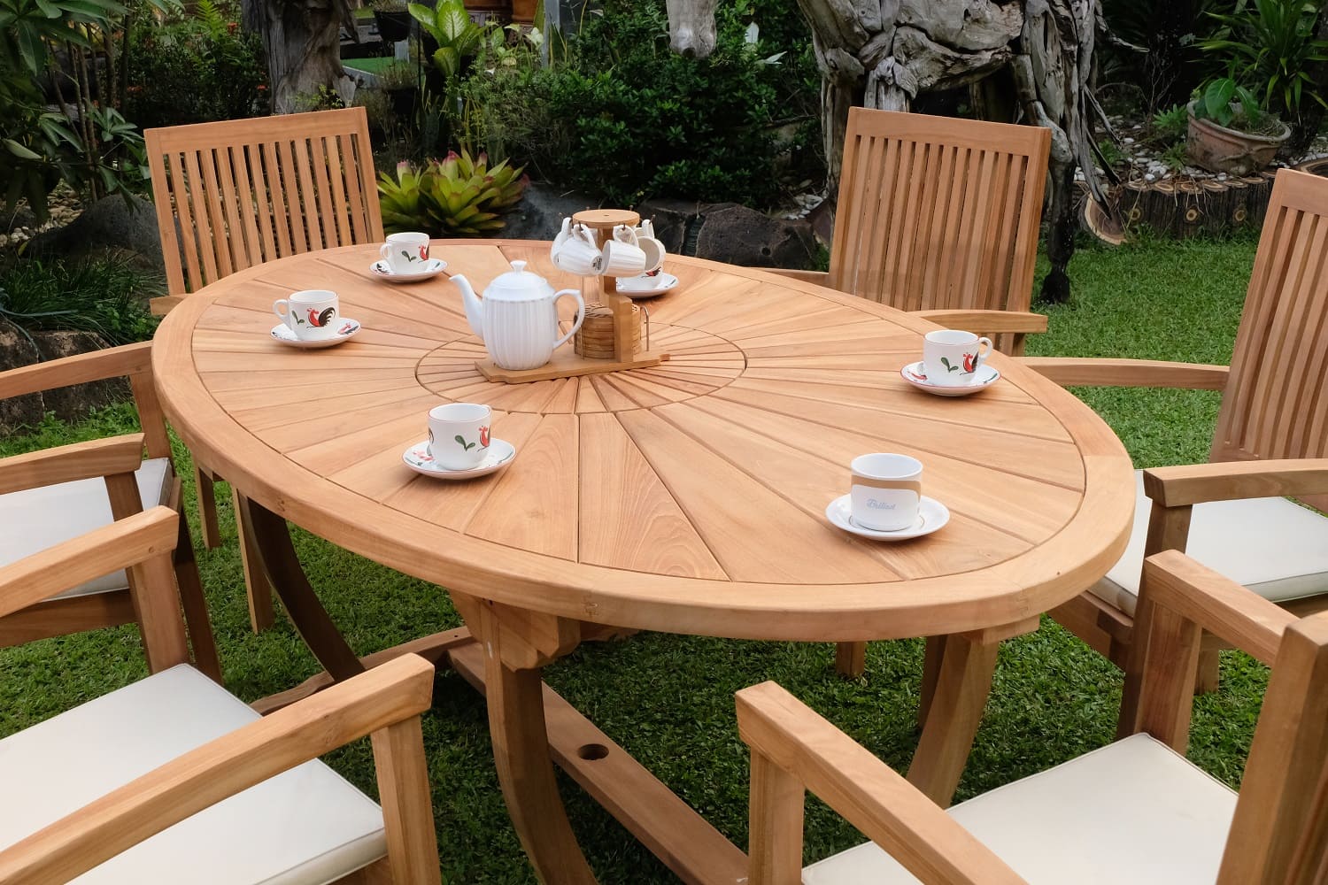 Teak Sunburst Oval 8 Seater Table 200cm (4cm Thick Top) with 6 Burnham Stacking Chairs (Garden / Outdoor Dining Set)