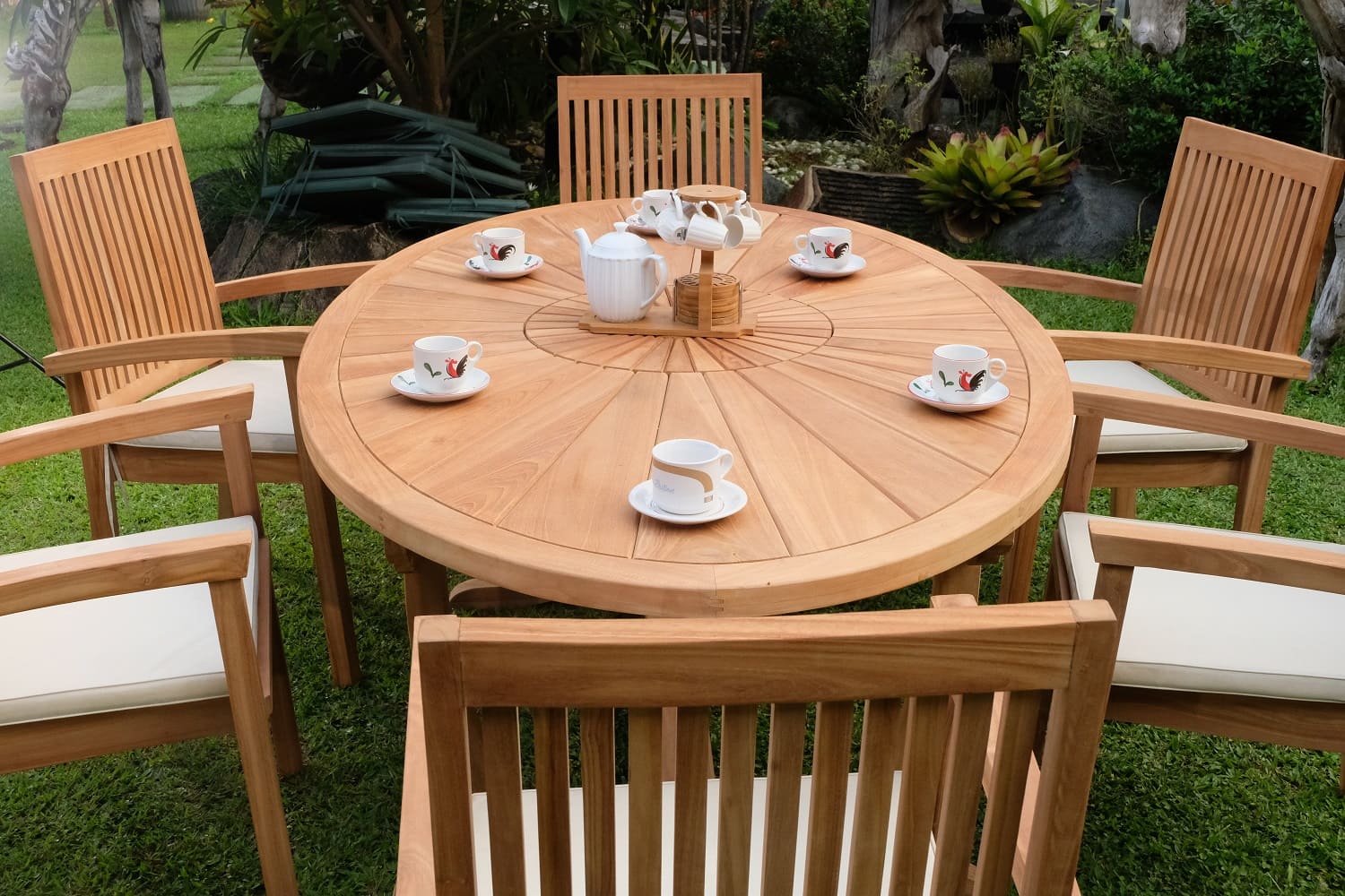 Teak Sunburst Oval 8 Seater Table 200cm (4cm Thick Top) with 6 Burnham Stacking Chairs (Garden / Outdoor Dining Set)