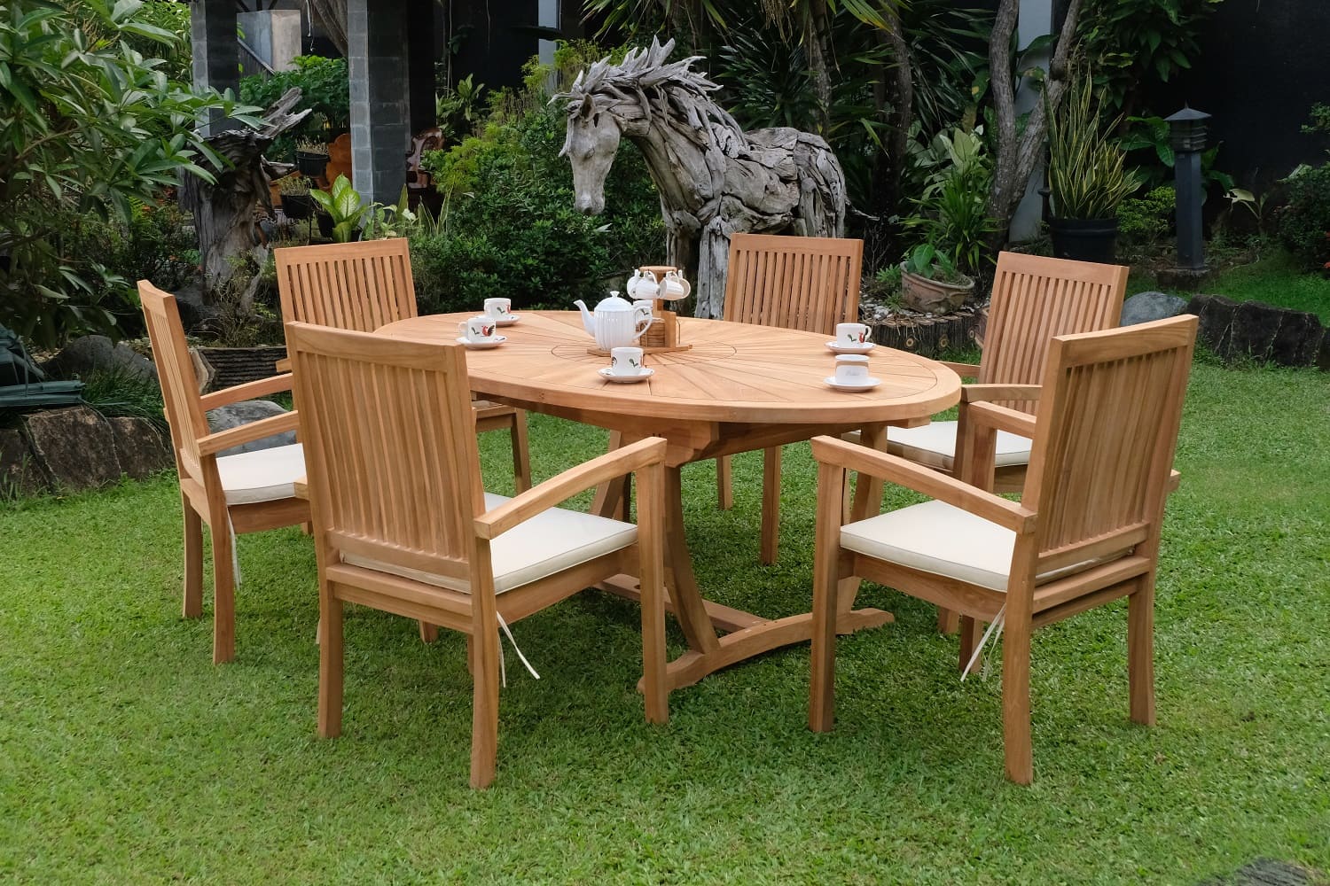 Teak Sunburst Oval 8 Seater Table 200cm (4cm Thick Top) with 6 Burnham Stacking Chairs (Garden / Outdoor Dining Set)