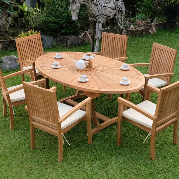 Teak Sunburst Oval Seater Table 200cm (4cm Thick Top) with Burnham