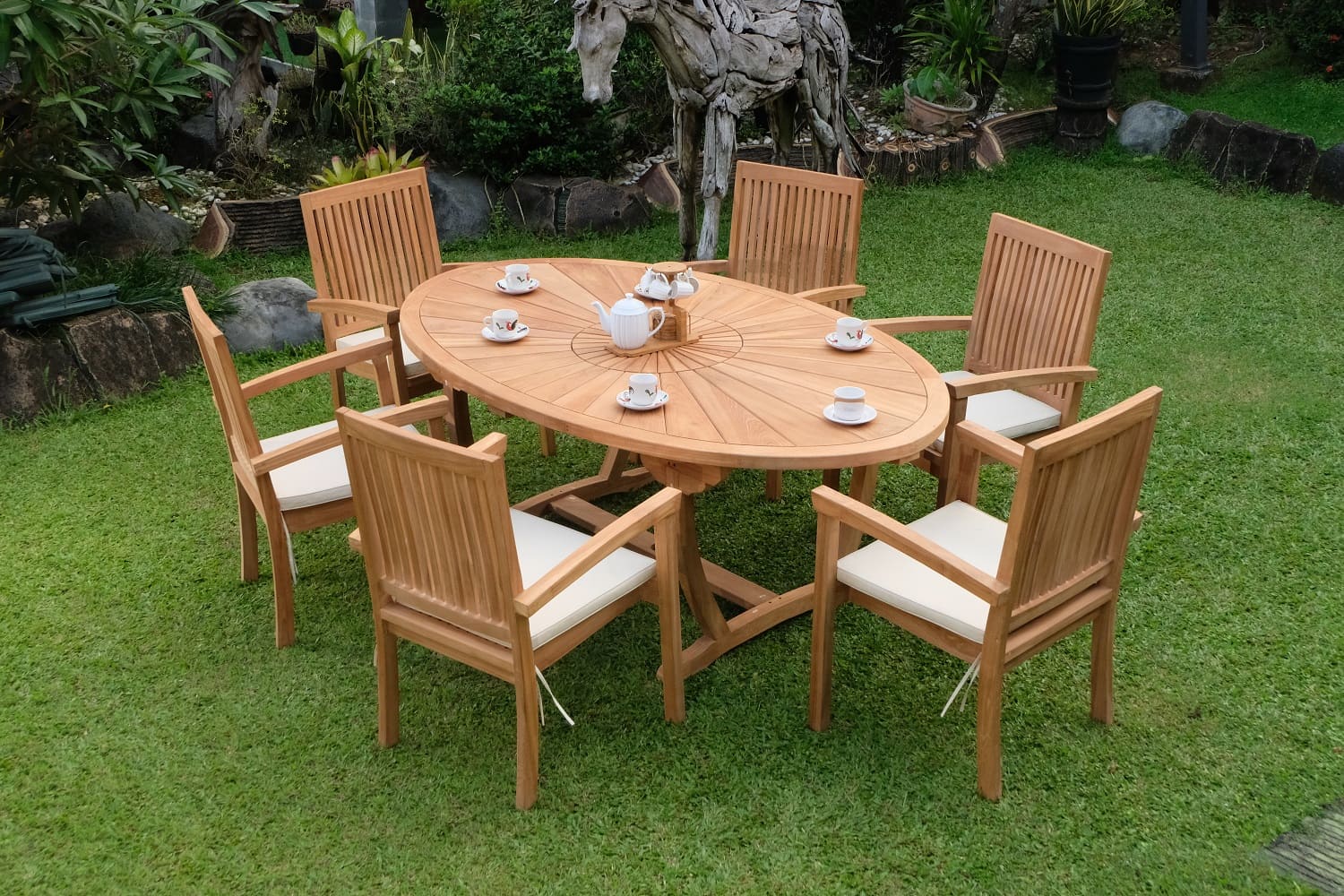 Teak Sunburst Oval 8 Seater Table 200cm (4cm Thick Top) with 6 Burnham Stacking Chairs (Garden / Outdoor Dining Set)