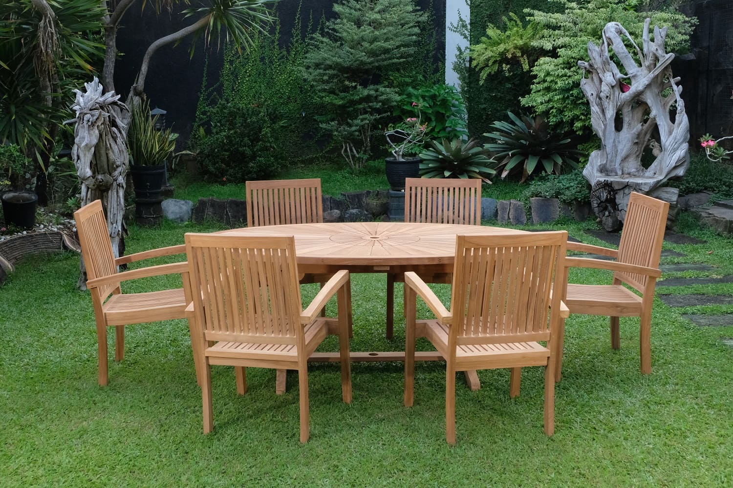 Teak Sunburst Oval 8 Seater Table 200cm (4cm Thick Top) with 6 Burnham Stacking Chairs (Garden / Outdoor Dining Set)
