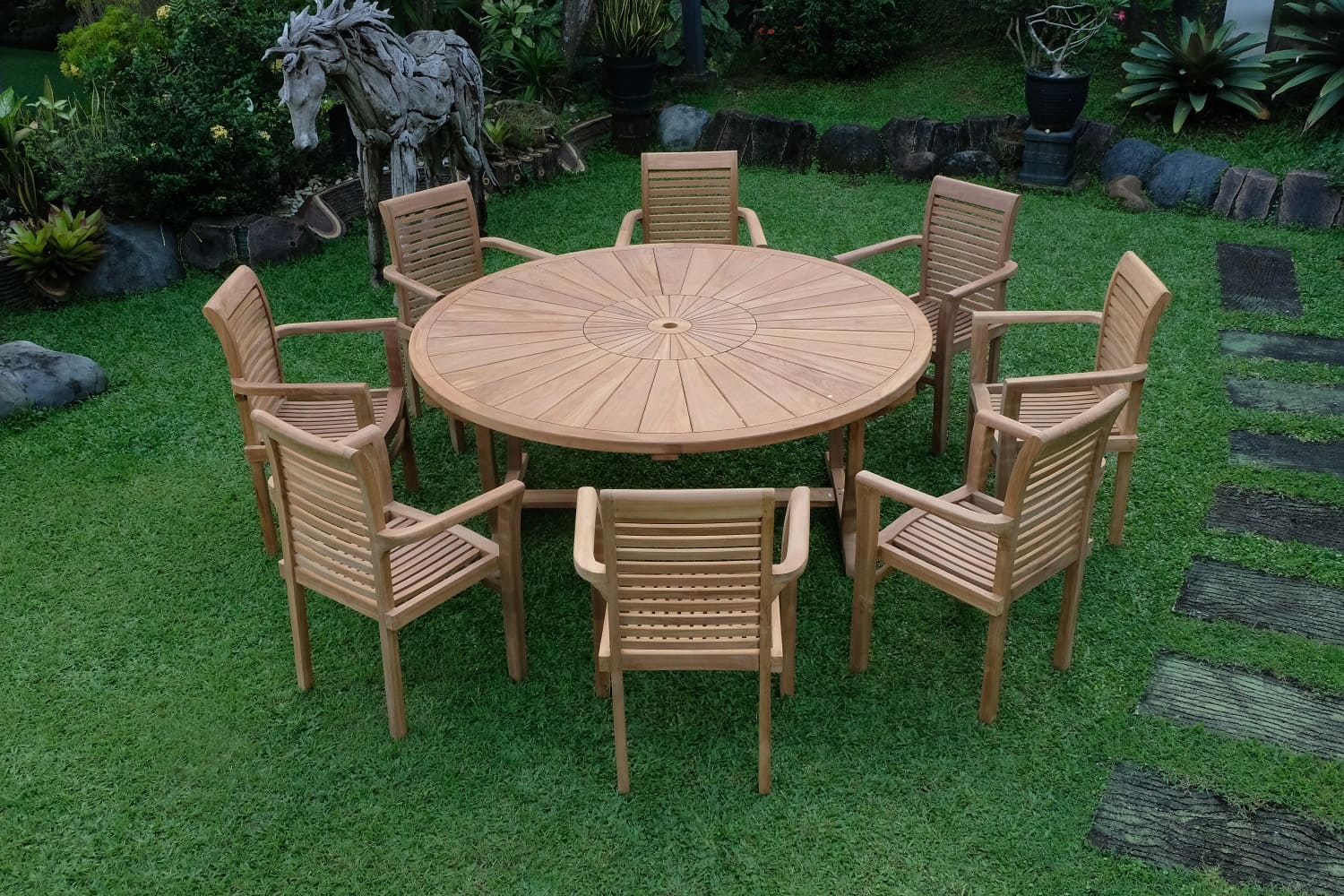 Teak Sunburst Round 8 Seater Table 180cm (4cm Thick Top) with 8 Belgrave Stacking Chairs (Garden / Outdoor Dining Set)