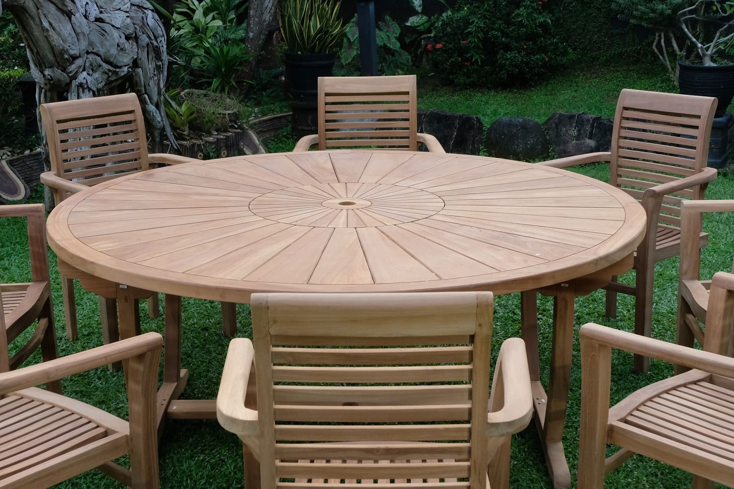 Teak Sunburst Round 8 Seater Table 180cm (4cm Thick Top) with 8 Belgrave Stacking Chairs (Garden / Outdoor Dining Set)