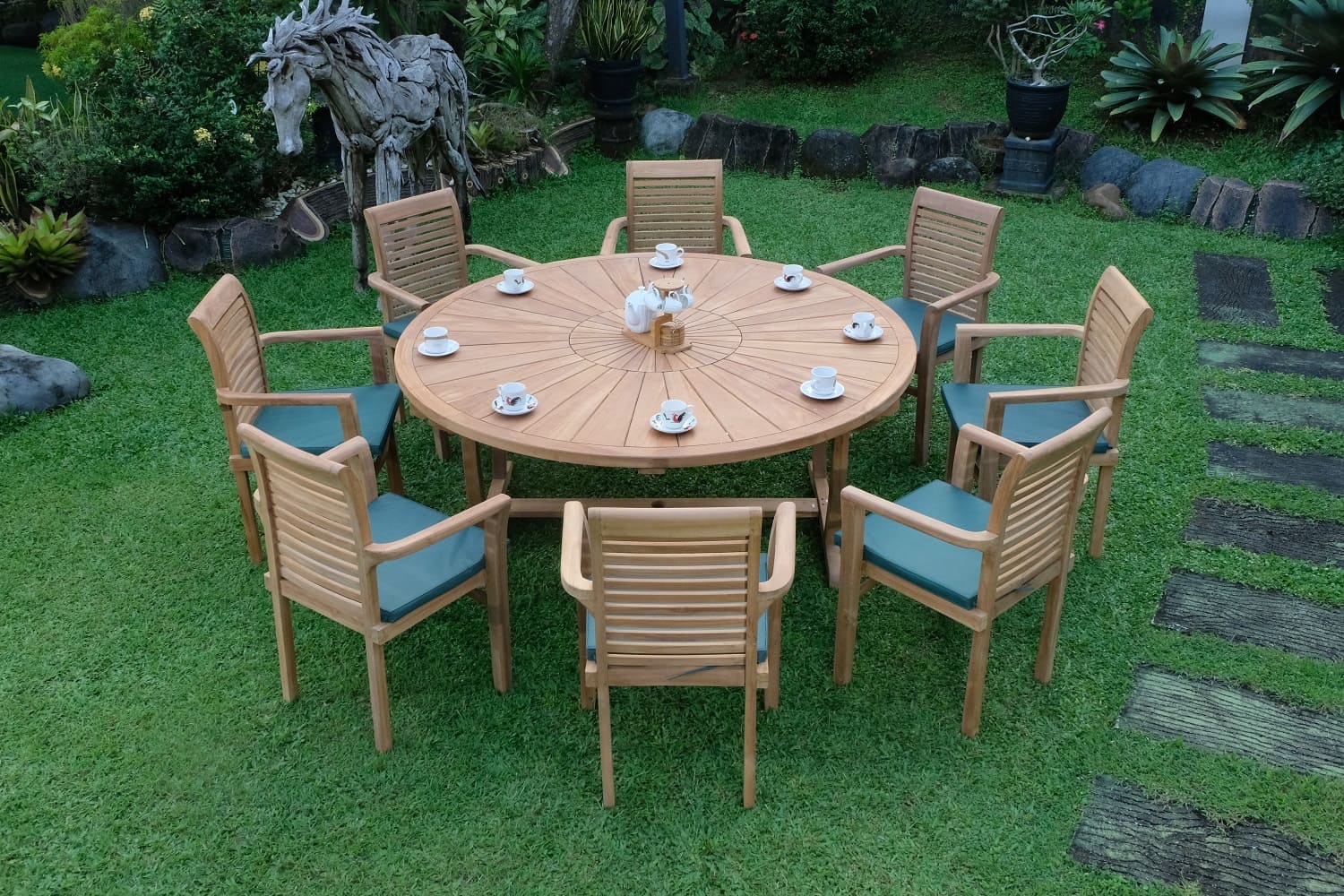 Teak Sunburst Round 8 Seater Table 180cm (4cm Thick Top) with 8 Belgrave Stacking Chairs (Garden / Outdoor Dining Set)