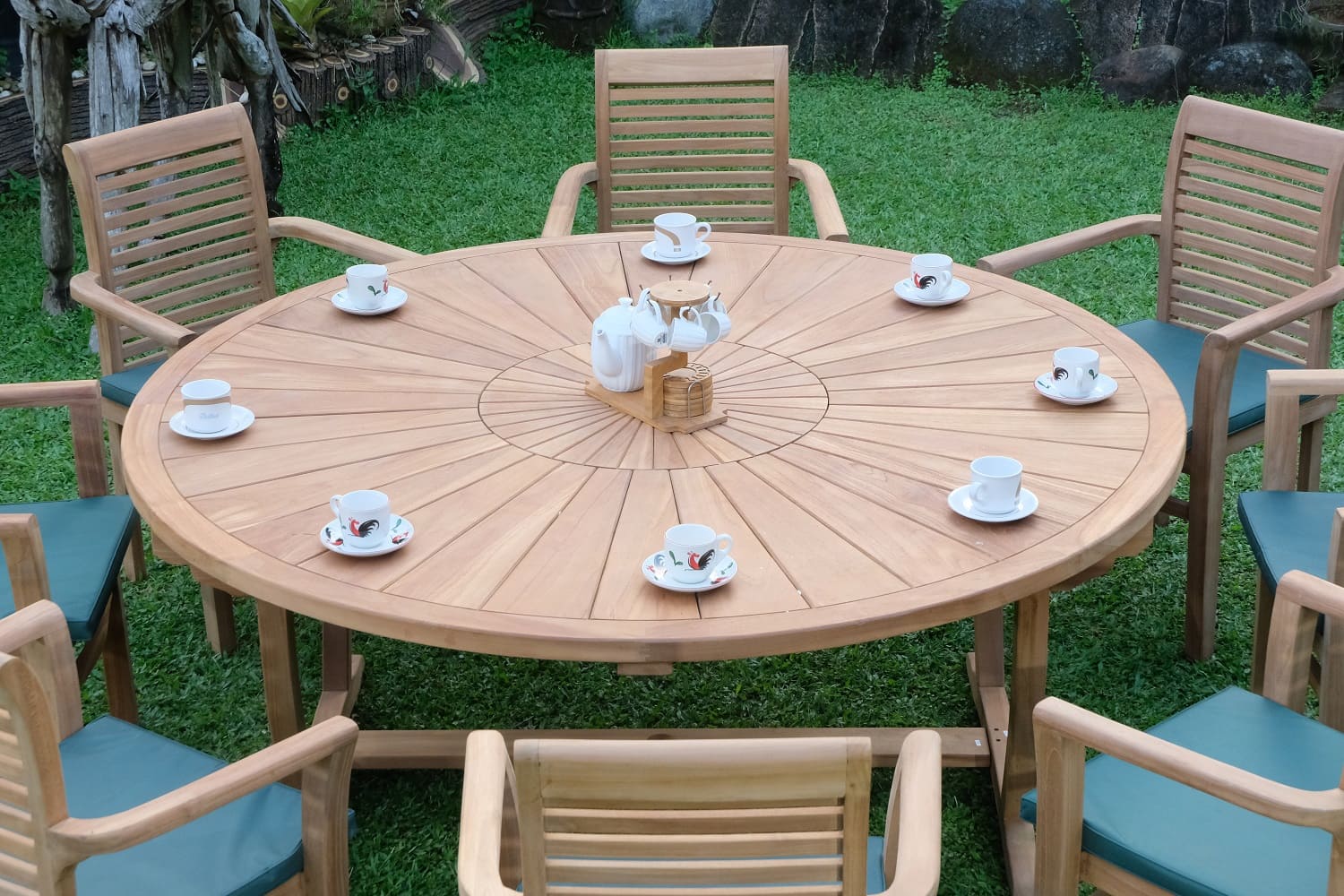 Teak Sunburst Round 8 Seater Table 180cm (4cm Thick Top) with 8 Belgrave Stacking Chairs (Garden / Outdoor Dining Set)