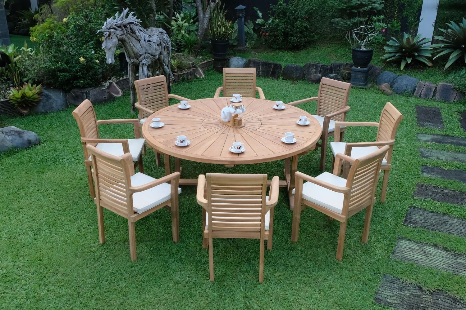Teak Sunburst Round 8 Seater Table 180cm (4cm Thick Top) with 8 Belgrave Stacking Chairs (Garden / Outdoor Dining Set)