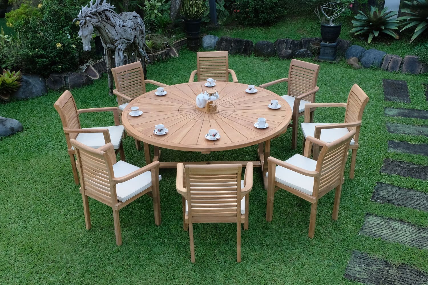 Teak Sunburst Round 8 Seater Table 180cm (4cm Thick Top) with 8 Belgrave Stacking Chairs (Garden / Outdoor Dining Set)