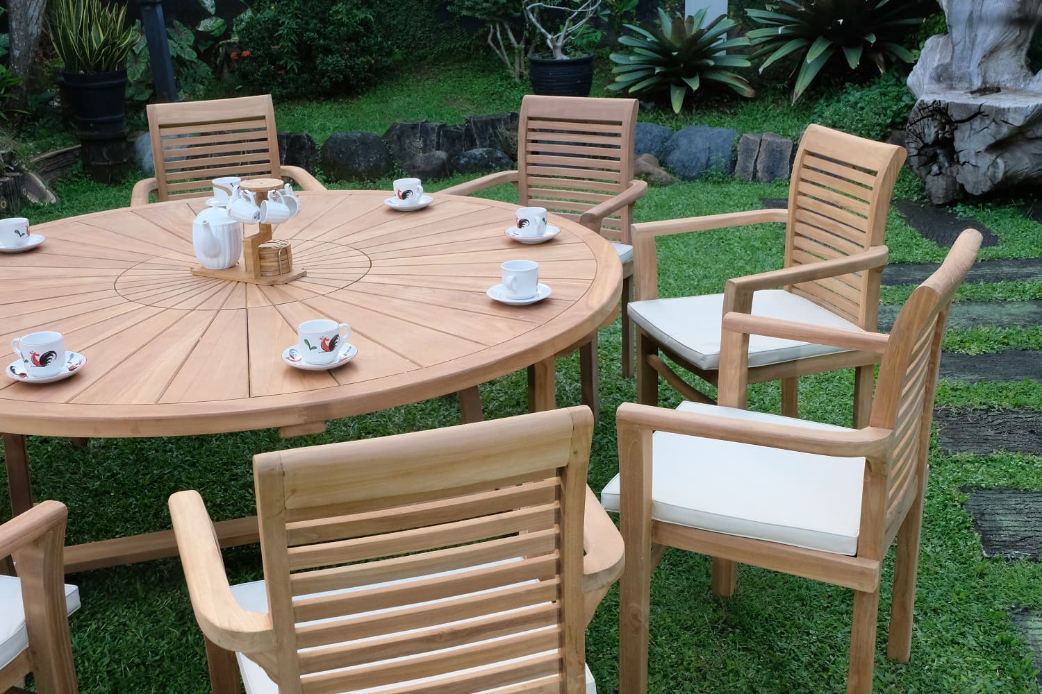 Teak Sunburst Round 8 Seater Table 180cm (4cm Thick Top) with 8 Belgrave Stacking Chairs (Garden / Outdoor Dining Set)
