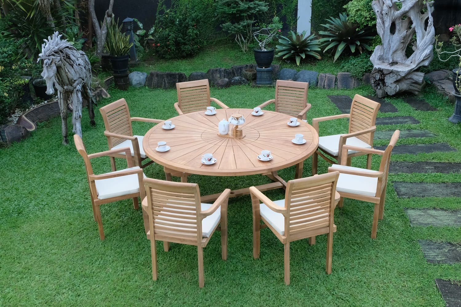 Teak Sunburst Round 8 Seater Table 180cm (4cm Thick Top) with 8 Belgrave Stacking Chairs (Garden / Outdoor Dining Set)