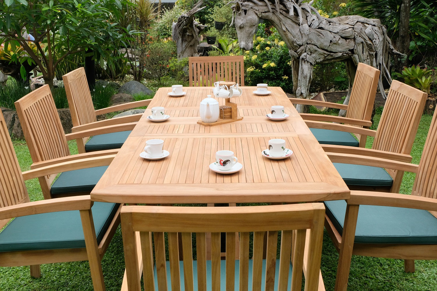 Teak Burnham 8 Seater Extending Table 1.8m-2.4m (4cm Thick Top) with 8 Burnham Stacking Chairs (Garden / Outdoor Dining Set)