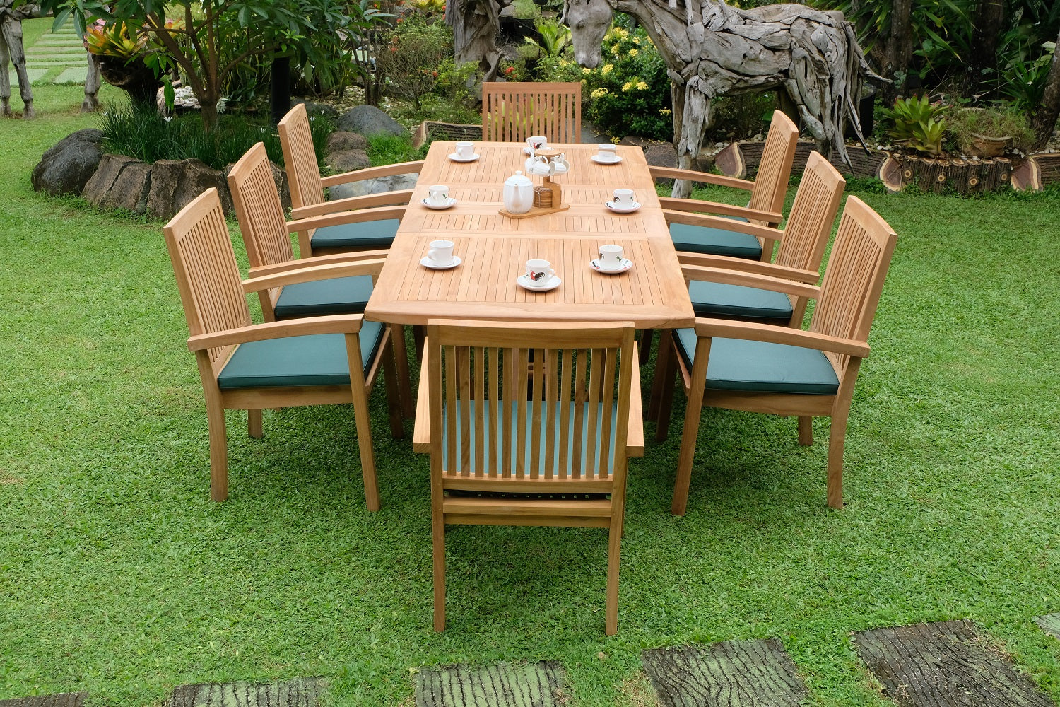 Teak Burnham 8 Seater Extending Table 1.8m-2.4m (4cm Thick Top) with 8 Burnham Stacking Chairs (Garden / Outdoor Dining Set)
