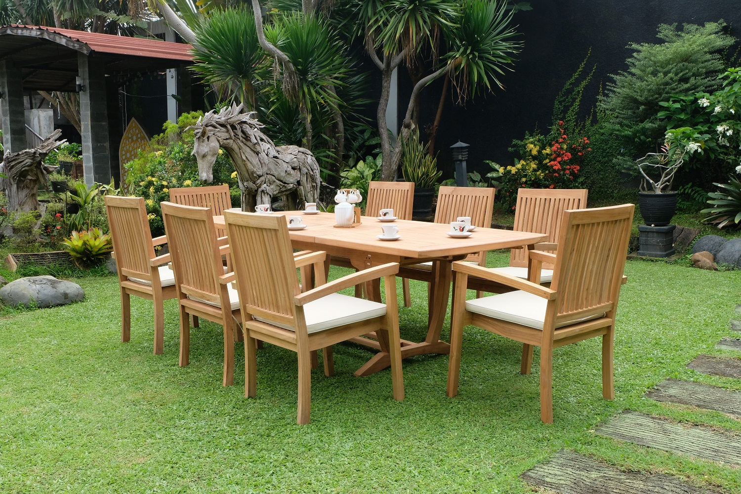 Teak Burnham 8 Seater Extending Table 1.8m-2.4m (4cm Thick Top) with 8 Burnham Stacking Chairs (Garden / Outdoor Dining Set)