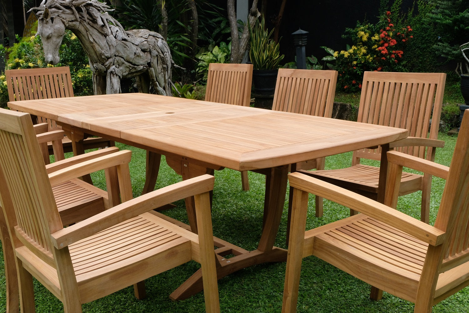 Teak Burnham 8 Seater Extending Table 1.8m-2.4m (4cm Thick Top) with 8 Burnham Stacking Chairs (Garden / Outdoor Dining Set)