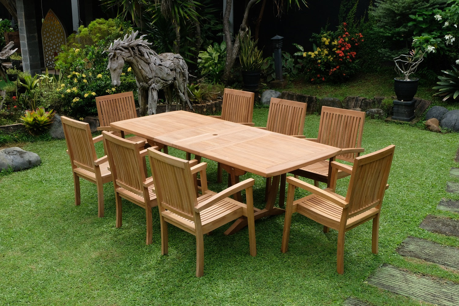 Teak Burnham 8 Seater Extending Table 1.8m-2.4m (4cm Thick Top) with 8 Burnham Stacking Chairs (Garden / Outdoor Dining Set)
