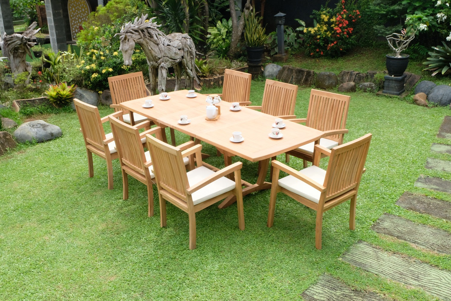 Teak Burnham 8 Seater Extending Table 1.8m-2.4m (4cm Thick Top) with 8 Burnham Stacking Chairs (Garden / Outdoor Dining Set)
