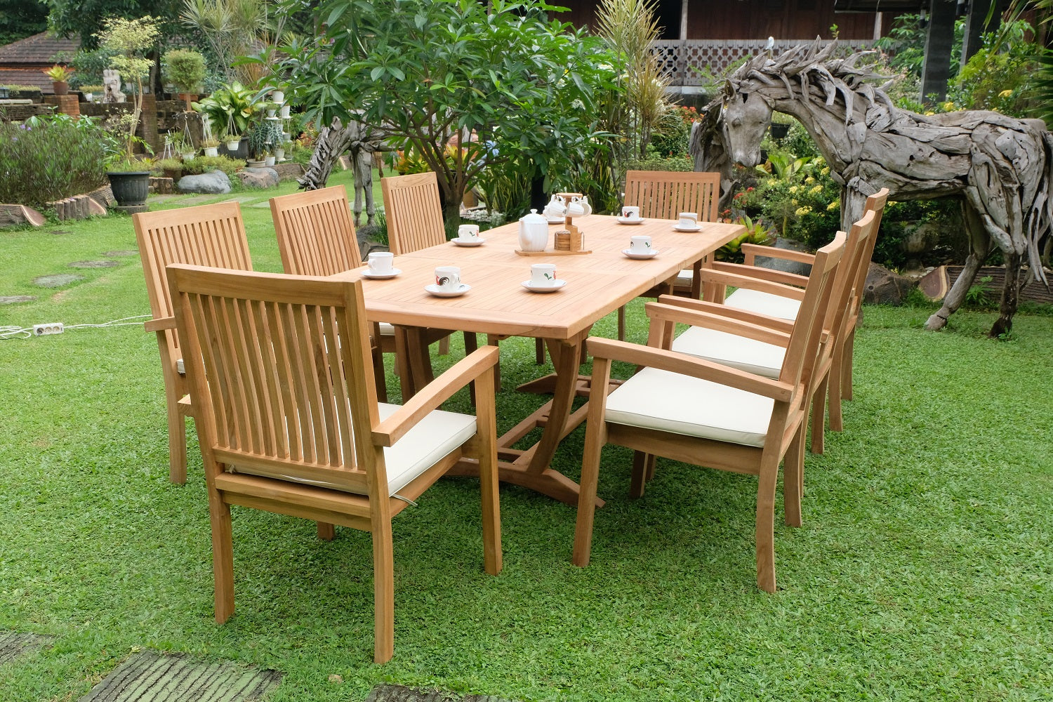 Teak Burnham 8 Seater Extending Table 1.8m-2.4m (4cm Thick Top) with 8 Burnham Stacking Chairs (Garden / Outdoor Dining Set)