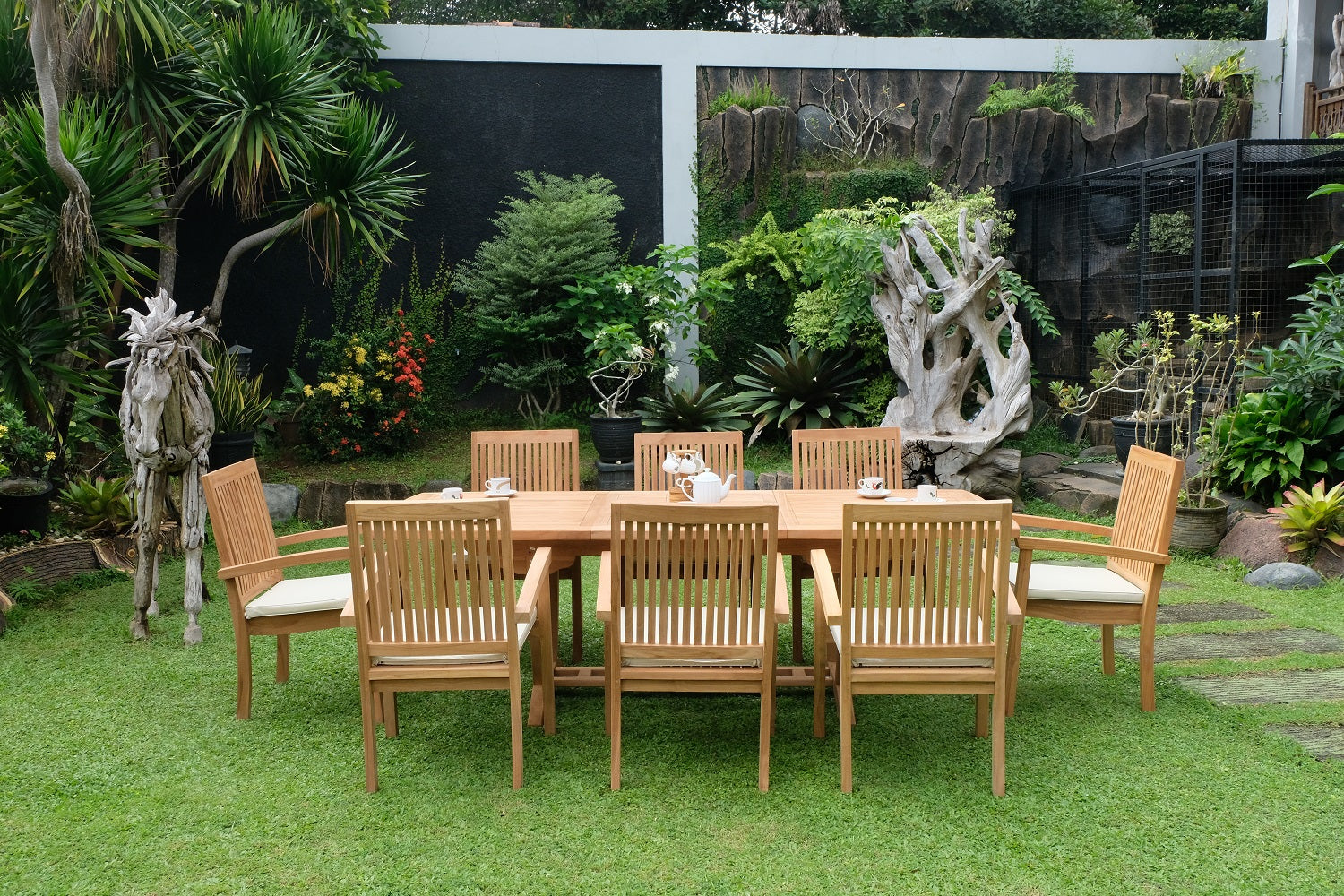 Teak Burnham 8 Seater Extending Table 1.8m-2.4m (4cm Thick Top) with 8 Burnham Stacking Chairs (Garden / Outdoor Dining Set)