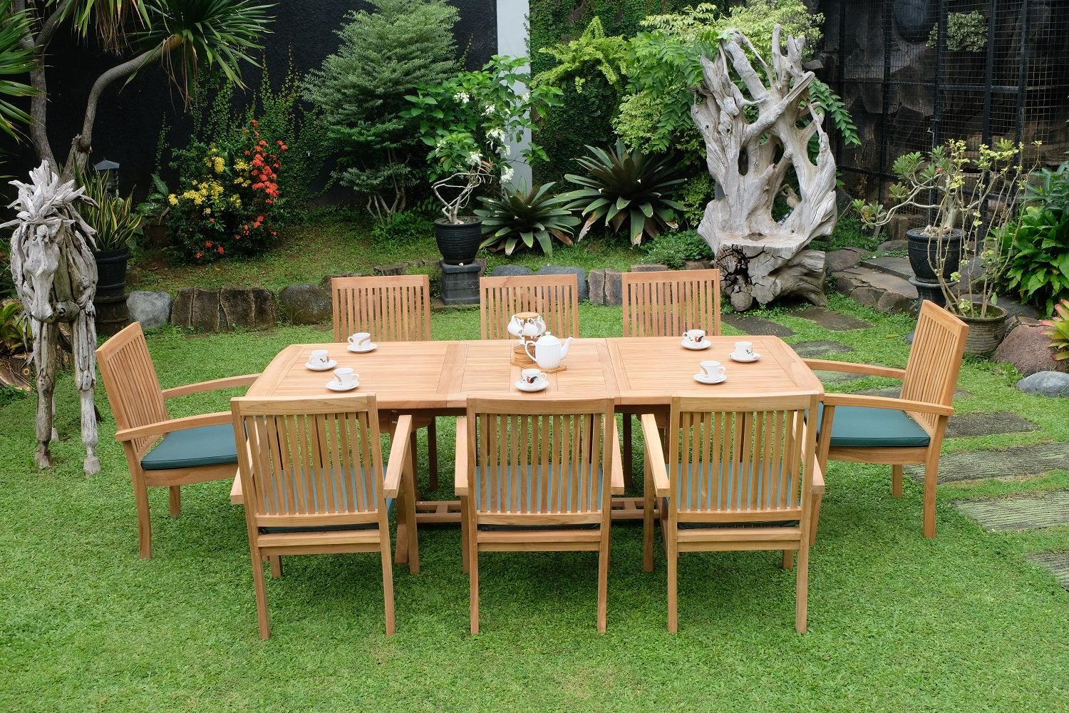 Teak Burnham 8 Seater Extending Table 1.8m-2.4m (4cm Thick Top) with 8 Burnham Stacking Chairs (Garden / Outdoor Dining Set)