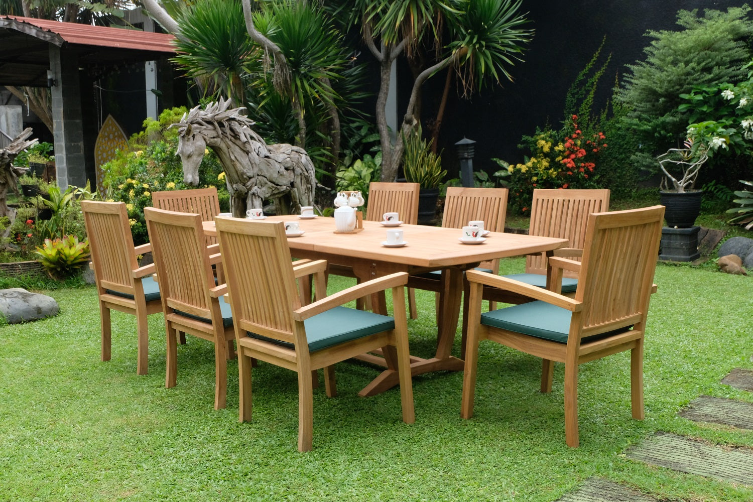 Teak Burnham 8 Seater Extending Table 1.8m-2.4m (4cm Thick Top) with 8 Burnham Stacking Chairs (Garden / Outdoor Dining Set)