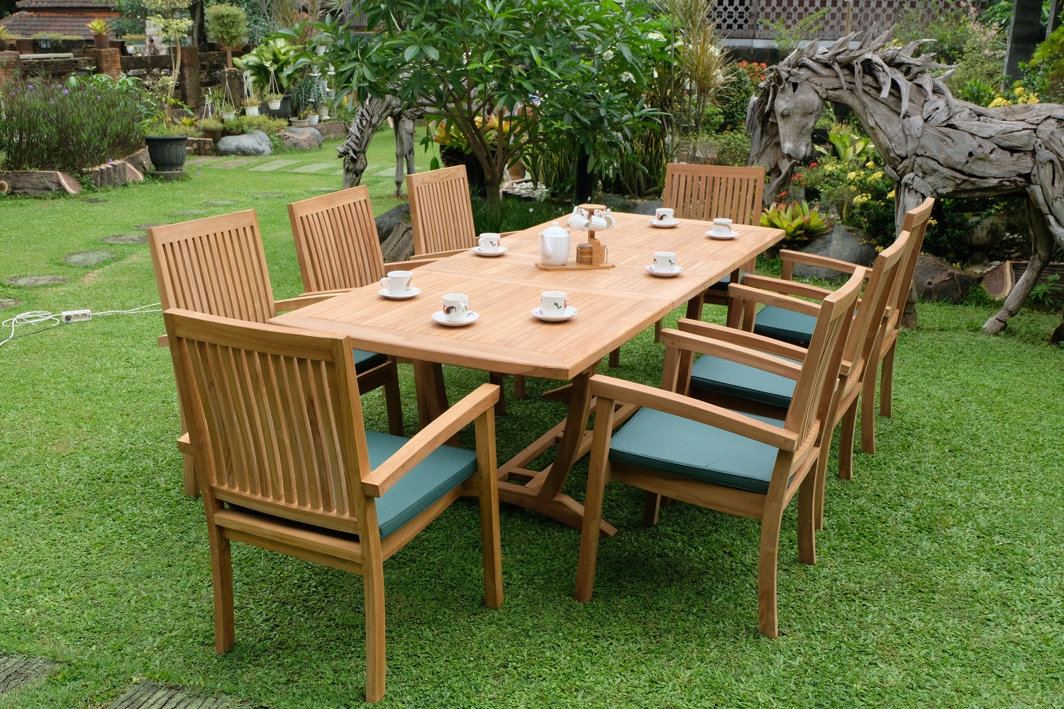 Teak Burnham 8 Seater Extending Table 1.8m-2.4m (4cm Thick Top) with 8 Burnham Stacking Chairs (Garden / Outdoor Dining Set)