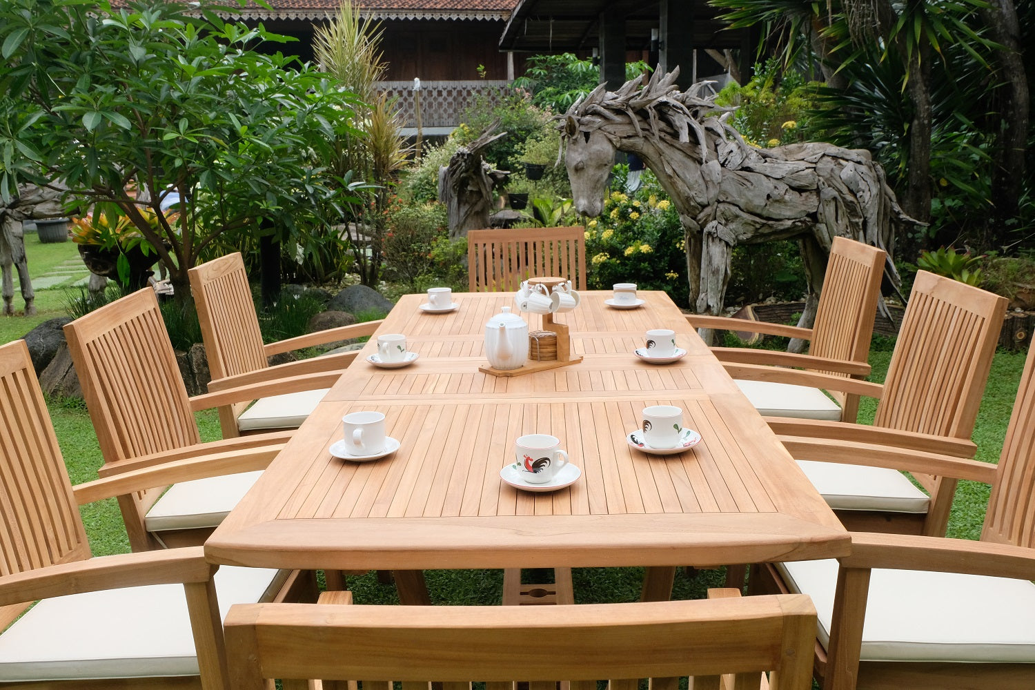 Teak Burnham 8 Seater Extending Table 1.8m-2.4m (4cm Thick Top) with 8 Burnham Stacking Chairs (Garden / Outdoor Dining Set)