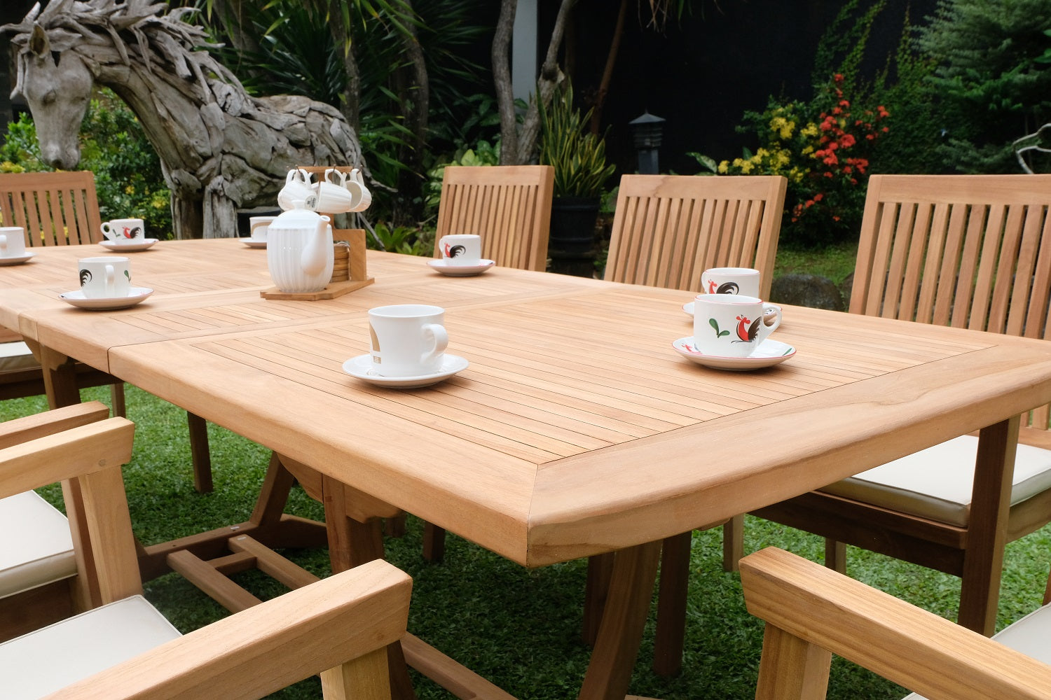 Teak Burnham 8 Seater Extending Table 1.8m-2.4m (4cm Thick Top) with 8 Burnham Stacking Chairs (Garden / Outdoor Dining Set)