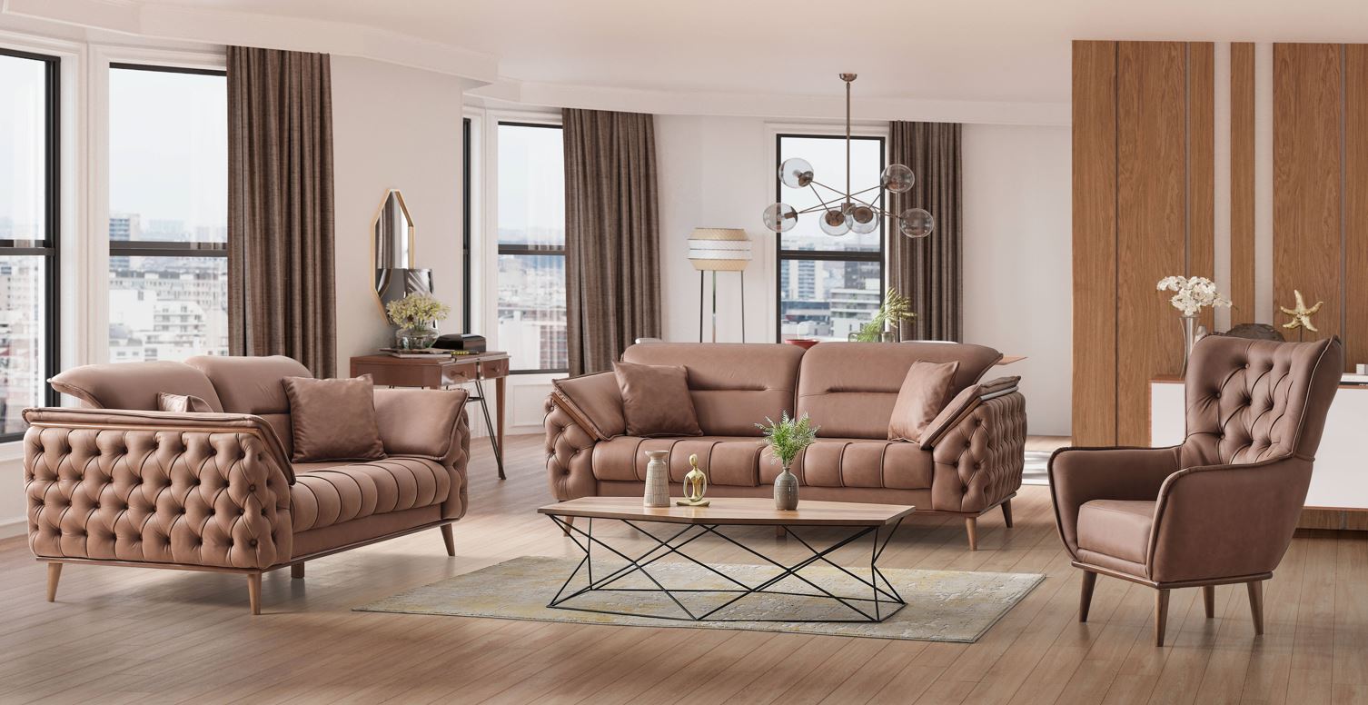 Chesterfield Sofa Set Leather (Brown)
