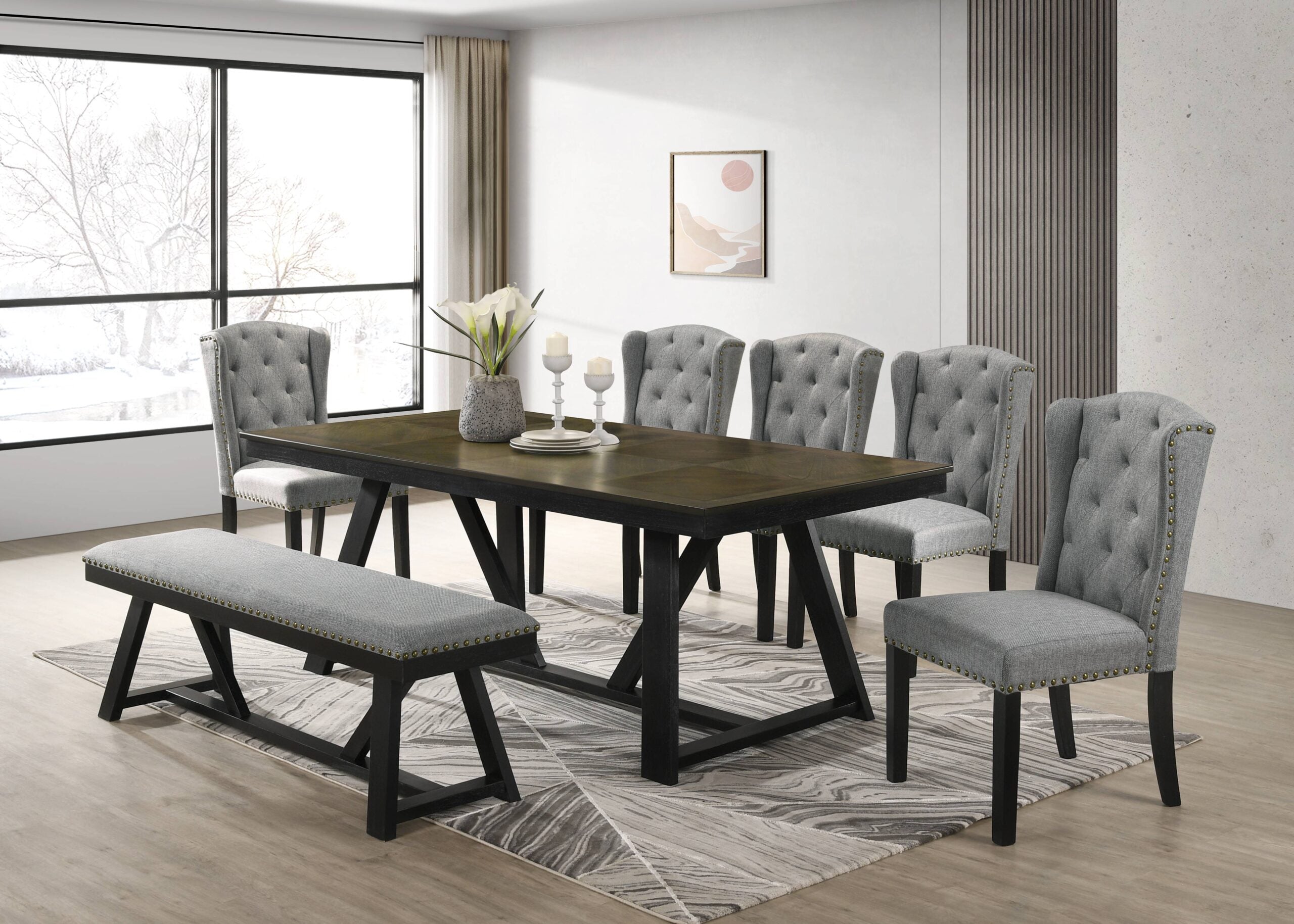 8 Seater Heritage Wooden Rectangle Table 1.96m with 5 Dining Chairs & Bench