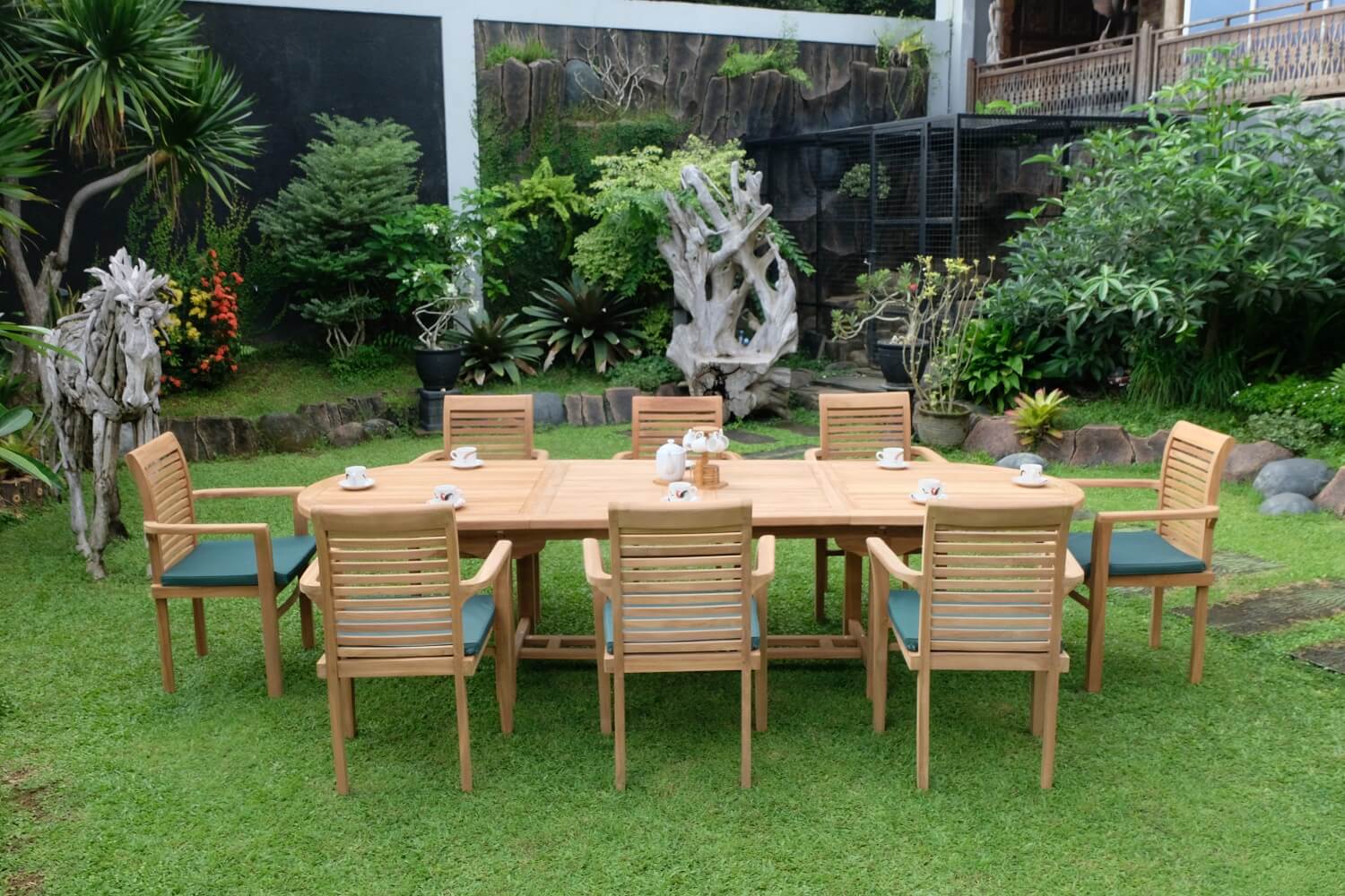 Teak Belgrave 10 Seater Extending Table 2m-3m (4cm Thick Top) with 10 Belgrave Stacking Chairs  (Garden / Outdoor Dining Set)