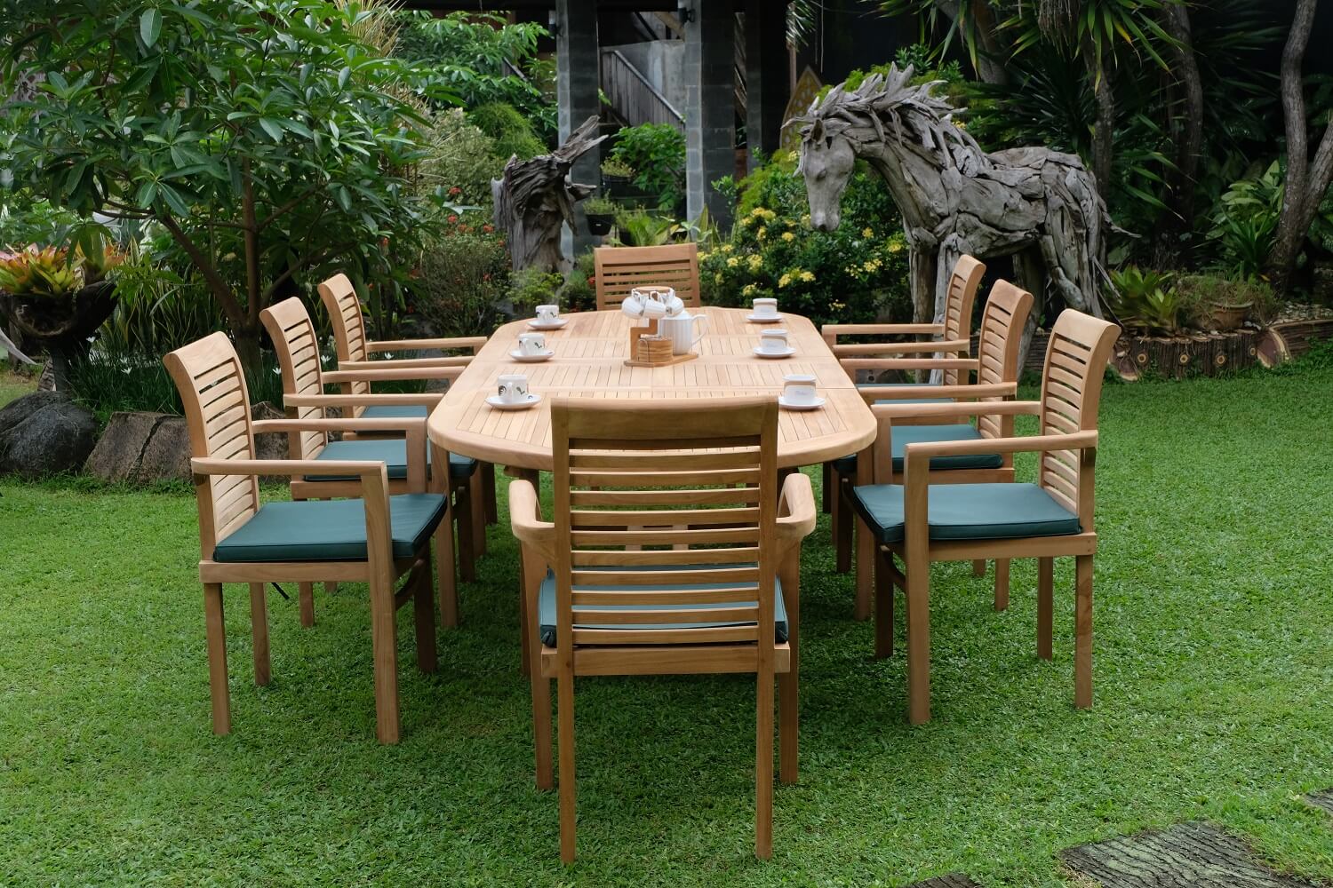 Teak Belgrave 10 Seater Extending Table 2m-3m (4cm Thick Top) with 10 Belgrave Stacking Chairs  (Garden / Outdoor Dining Set)