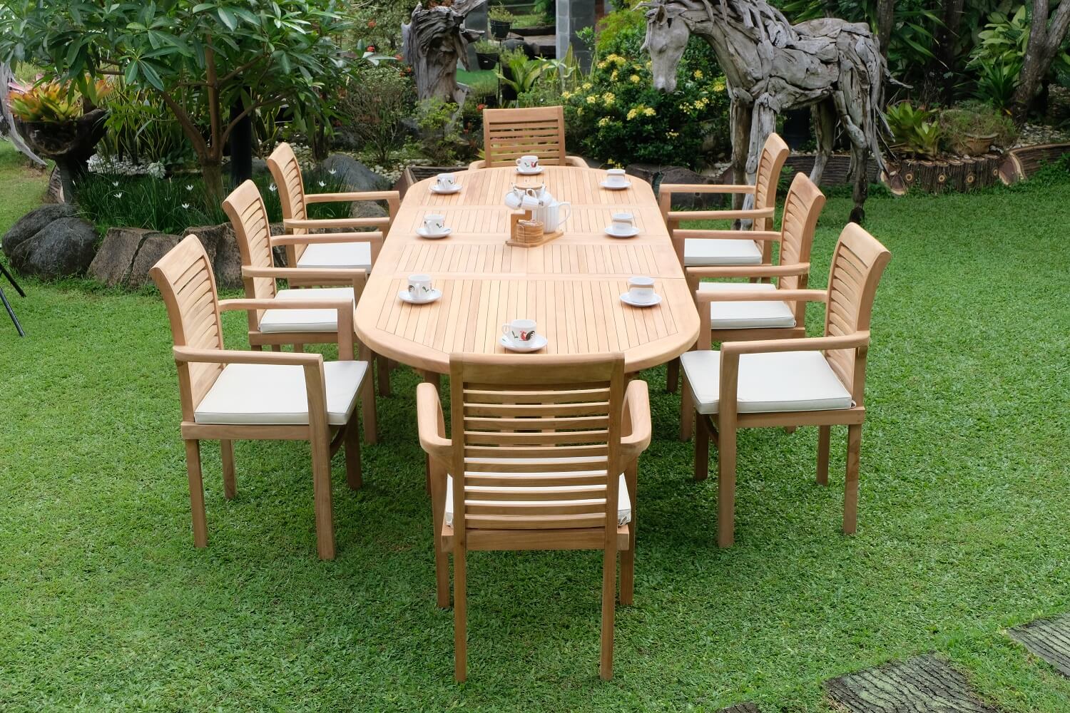Teak Belgrave 10 Seater Extending Table 2m-3m (4cm Thick Top) with 10 Belgrave Stacking Chairs  (Garden / Outdoor Dining Set)