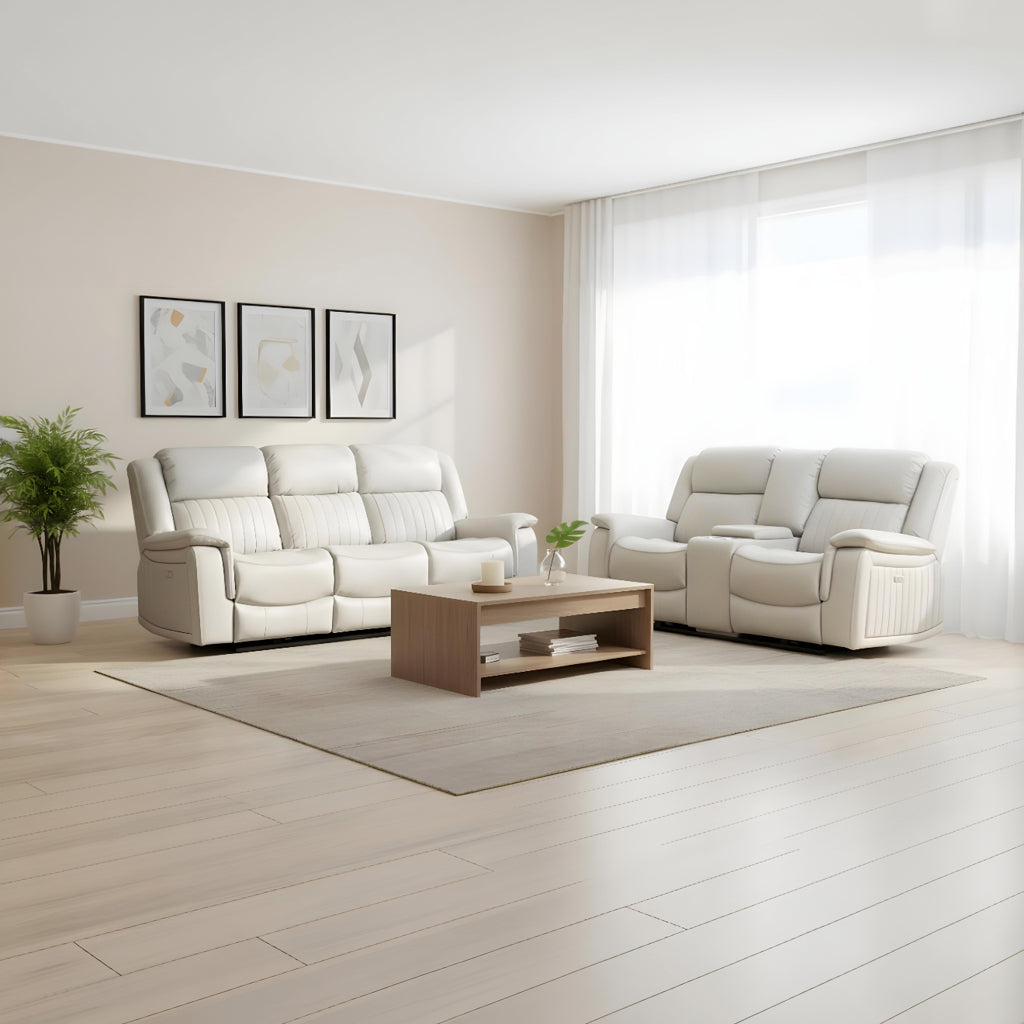Halmstad Electric / Power Recliner Leather Sofa Set (Ivory/White)