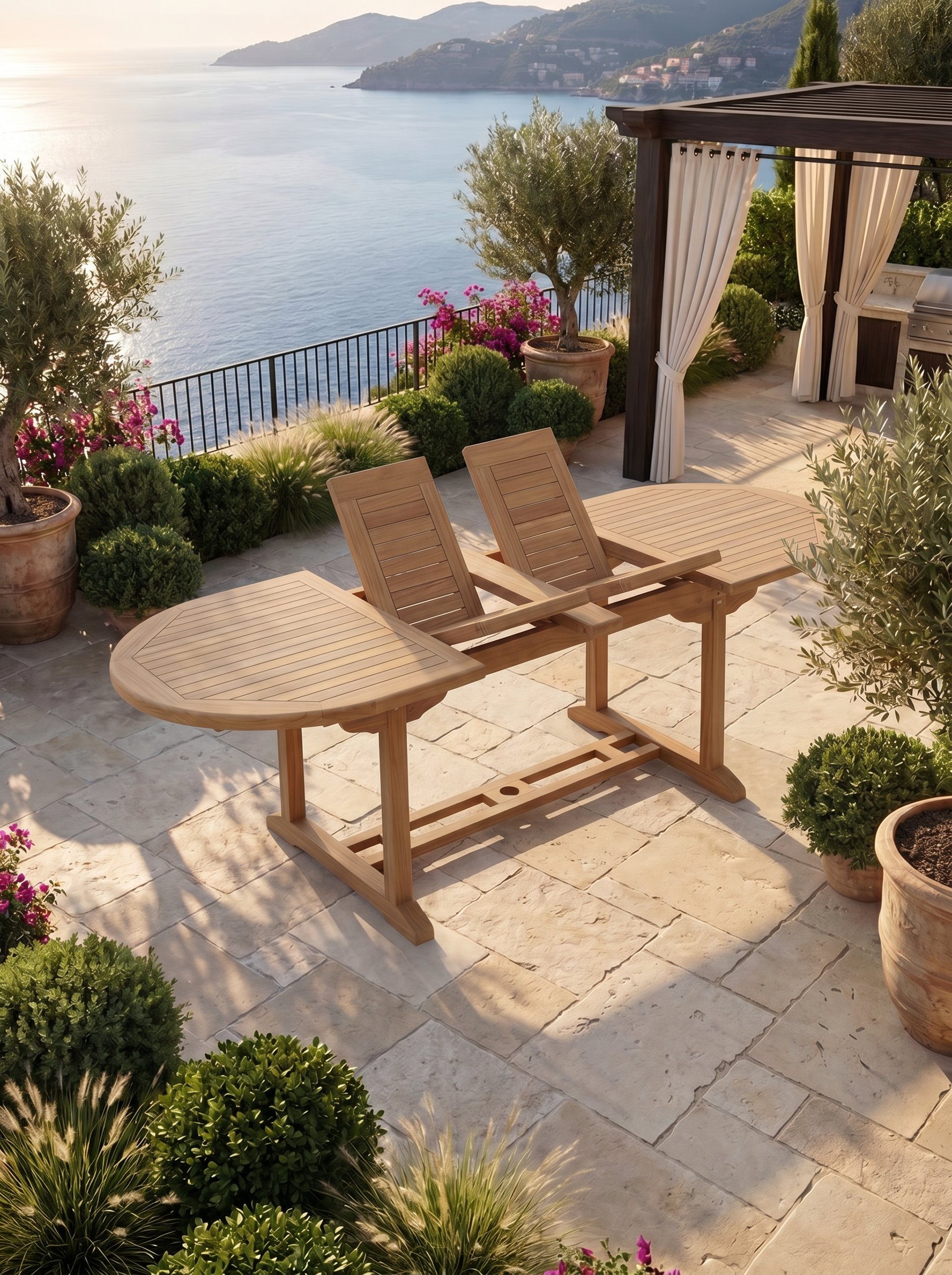 Teak Belgrave 8 Seater Extending Table 1.8m-2.4m (4cm Thick Top) with 2* Teak Belgrave Chairs & 2* Burnham Bench 180cm (Garden / Outdoor Dining Set)
