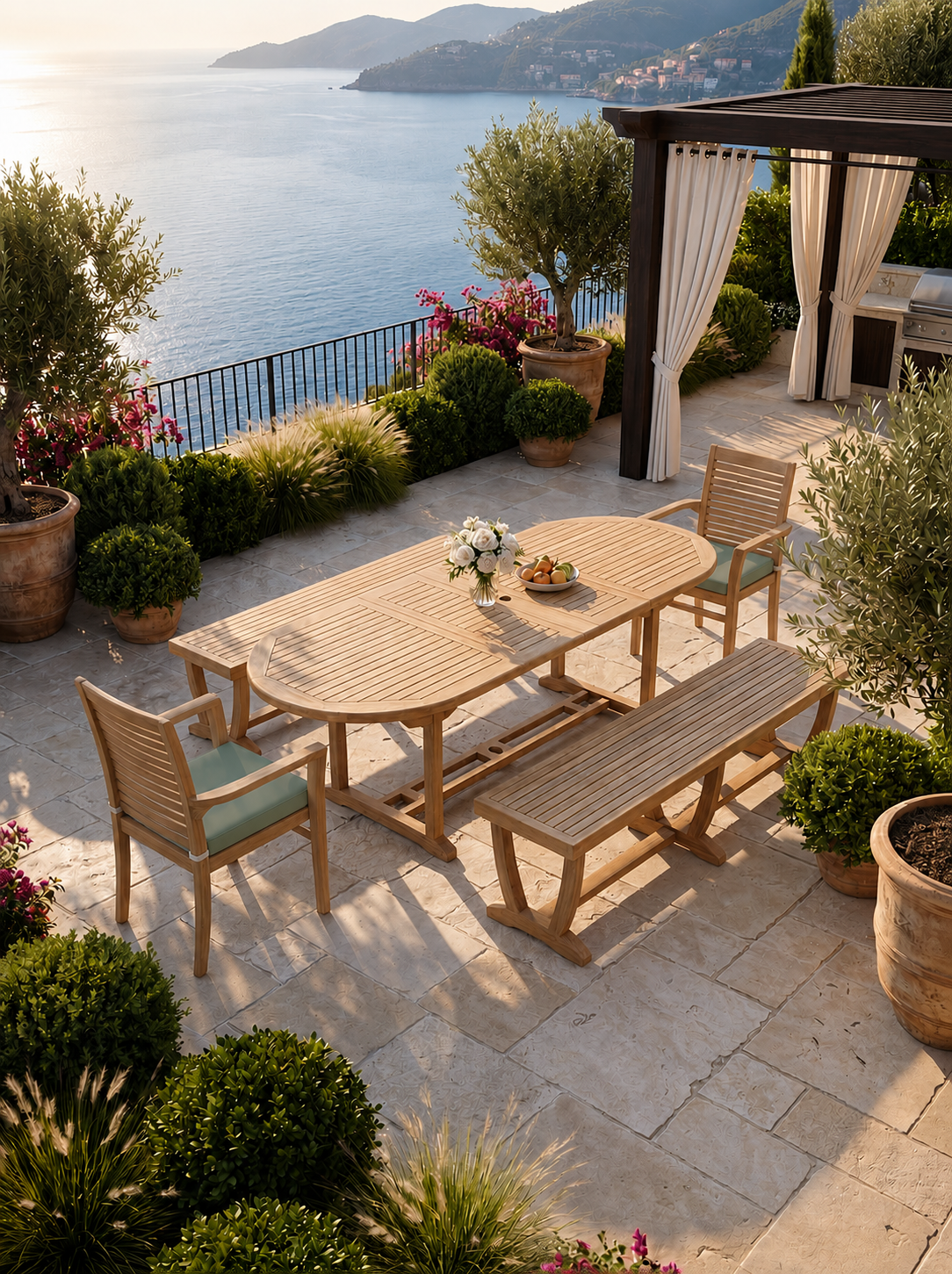 Teak Belgrave 8 Seater Extending Table 1.8m-2.4m (4cm Thick Top) with 2* Teak Belgrave Chairs & 2* Burnham Bench 180cm (Garden / Outdoor Dining Set)