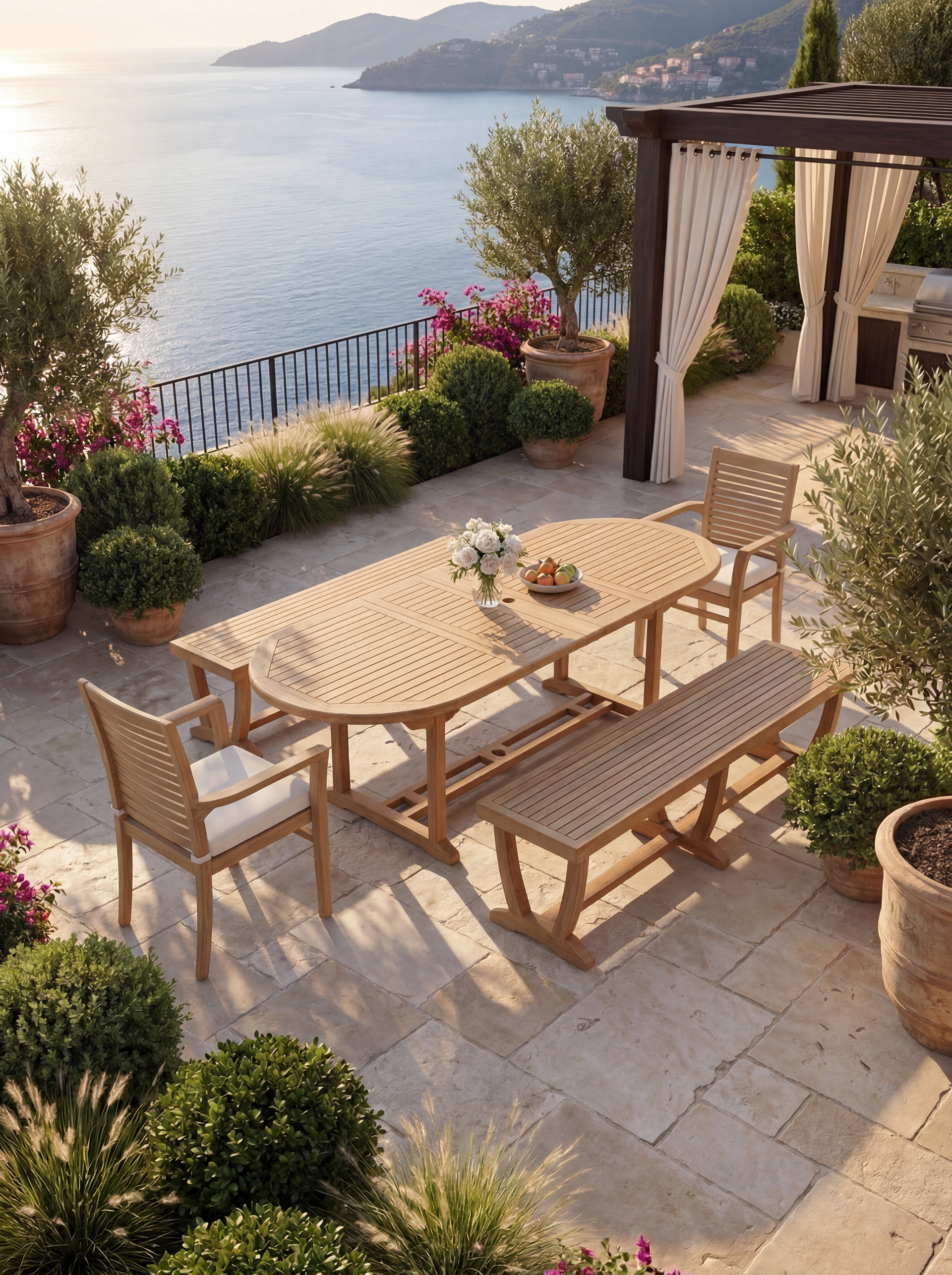Teak Belgrave 8 Seater Extending Table 1.8m-2.4m (4cm Thick Top) with 2* Teak Belgrave Chairs & 2* Burnham Bench 180cm (Garden / Outdoor Dining Set)
