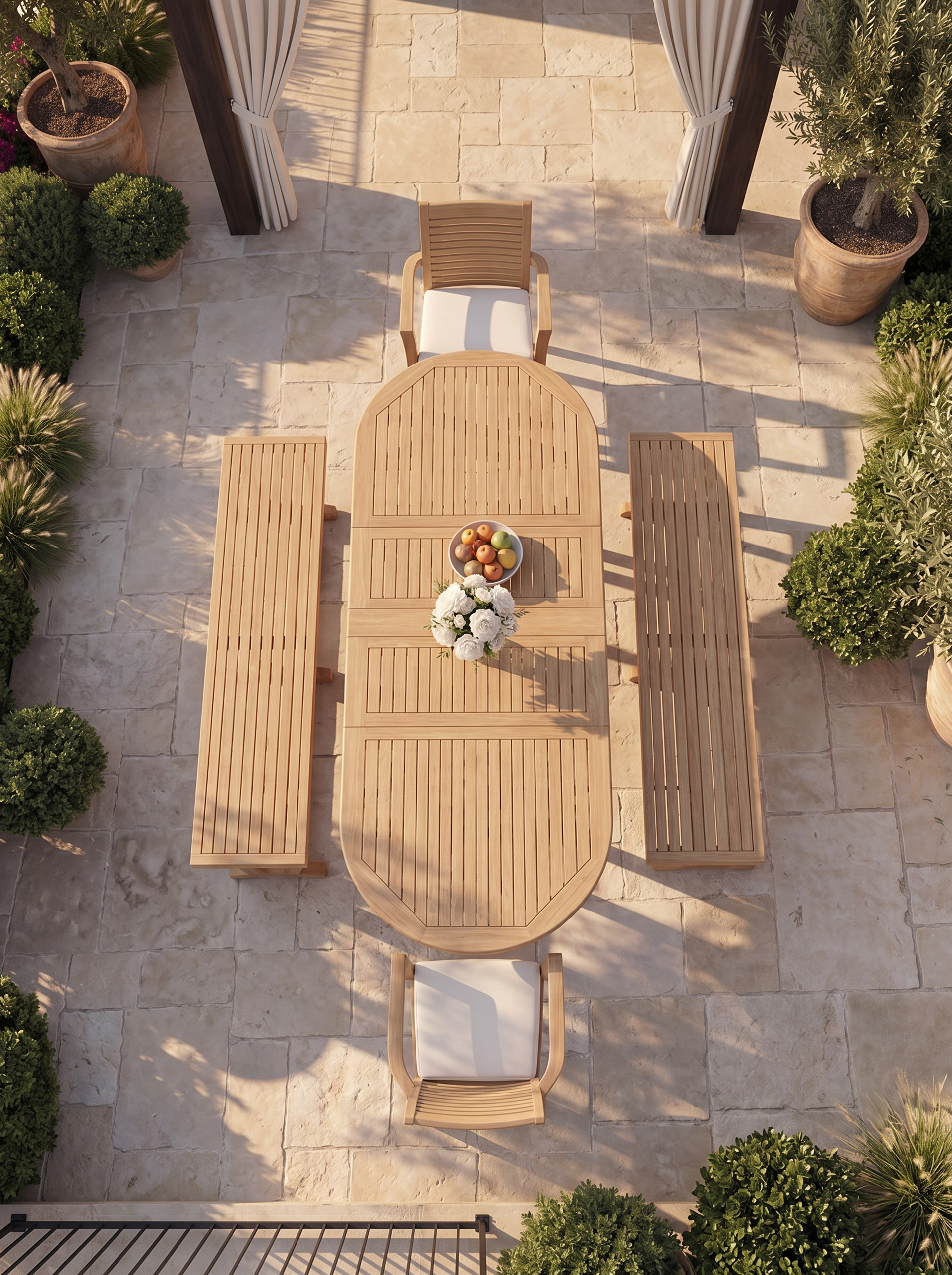 Teak Belgrave 8 Seater Extending Table 1.8m-2.4m (4cm Thick Top) with 2* Teak Belgrave Chairs & 2* Burnham Bench 180cm (Garden / Outdoor Dining Set)