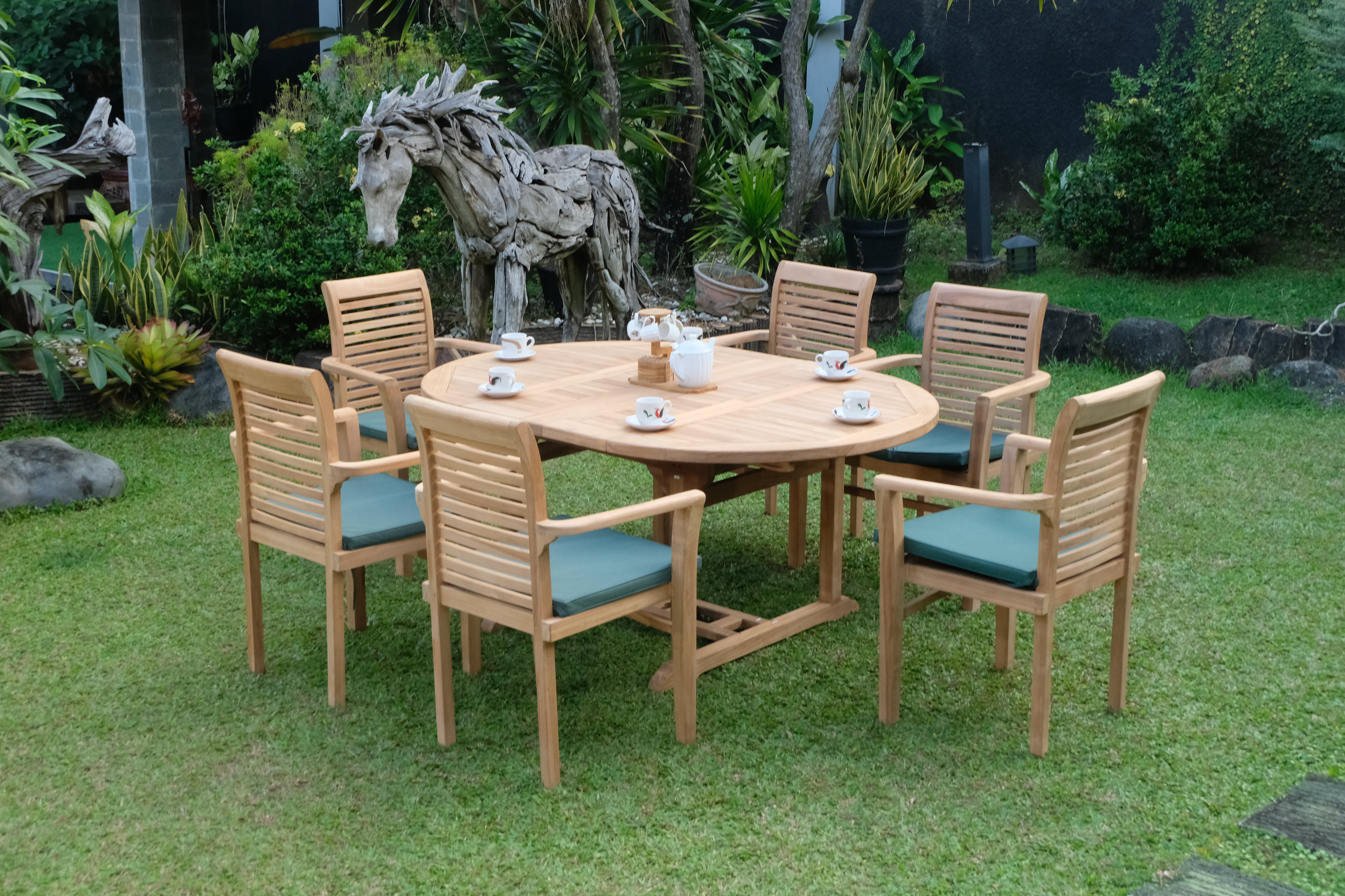 Teak Dorchester 6 Seater  Round to Oval Extending Table 1.2m-1.7m ( 4cm Thick Top) with 6 Belgrave Stacking Chair (Garden / Outdoor Dining Set)