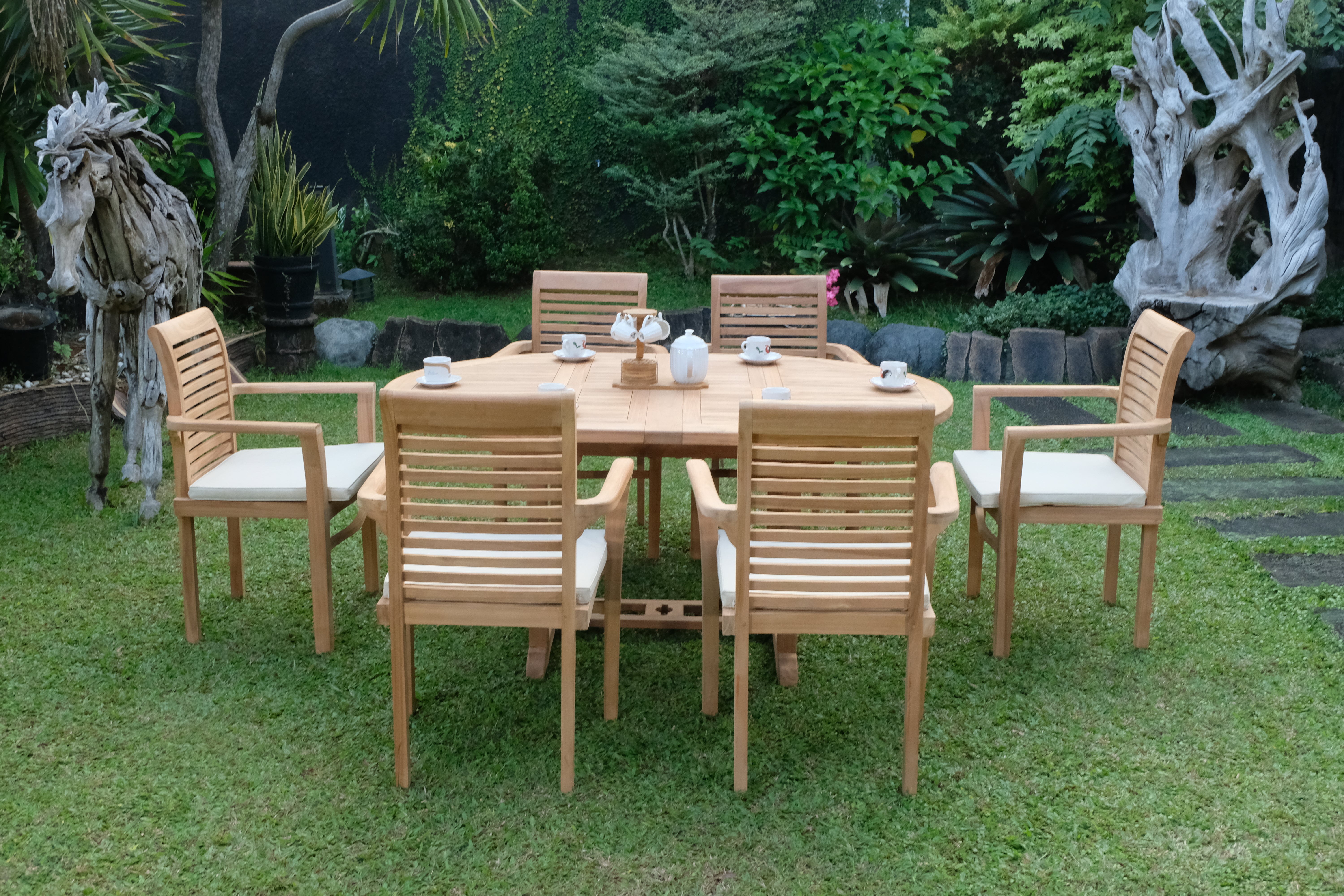 Teak Dorchester 6 Seater  Round to Oval Extending Table 1.2m-1.7m ( 4cm Thick Top) with 6 Belgrave Stacking Chair (Garden / Outdoor Dining Set)