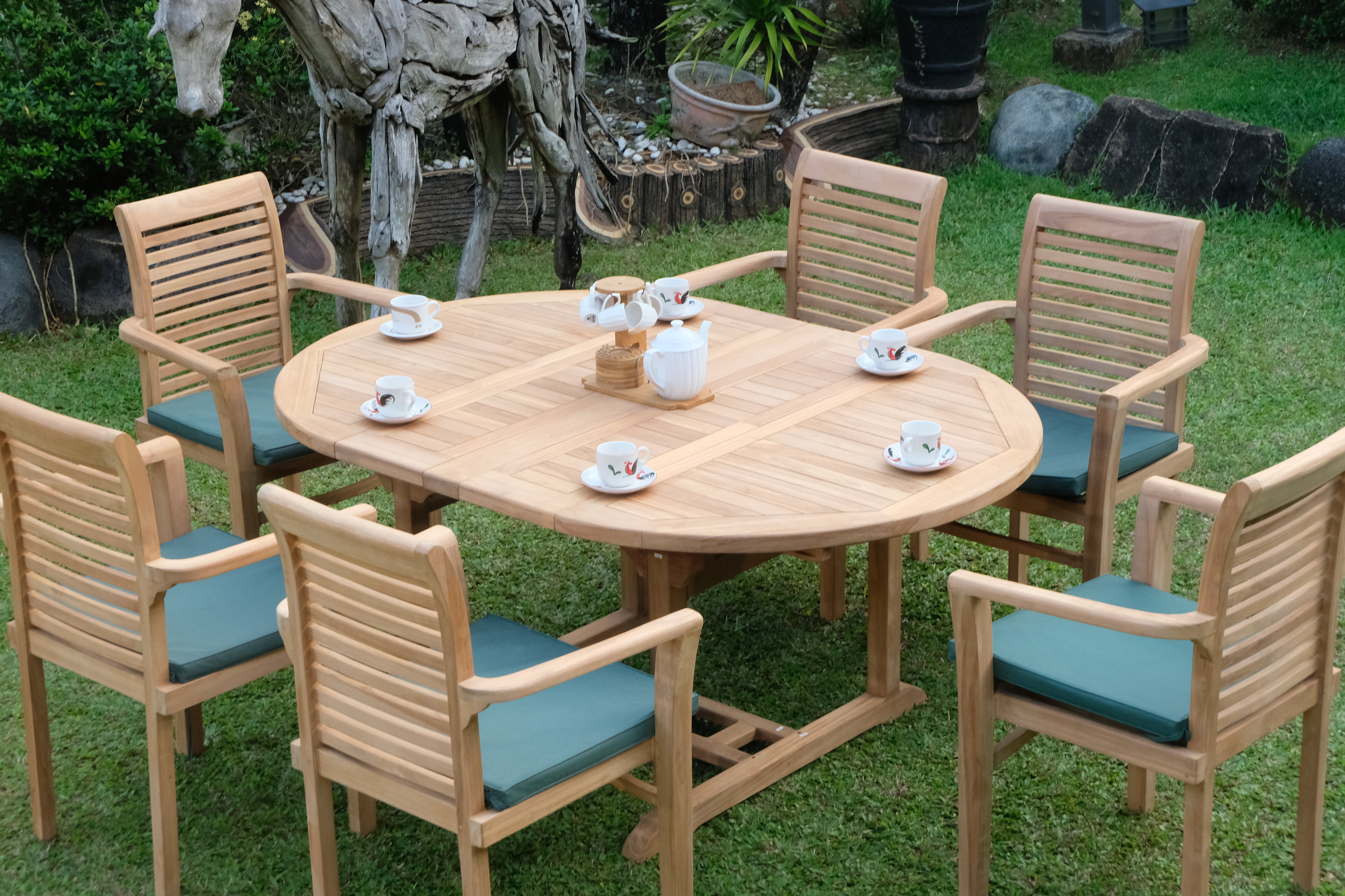 Teak Dorchester 6 Seater  Round to Oval Extending Table 1.2m-1.7m ( 4cm Thick Top) with 6 Belgrave Stacking Chair (Garden / Outdoor Dining Set)