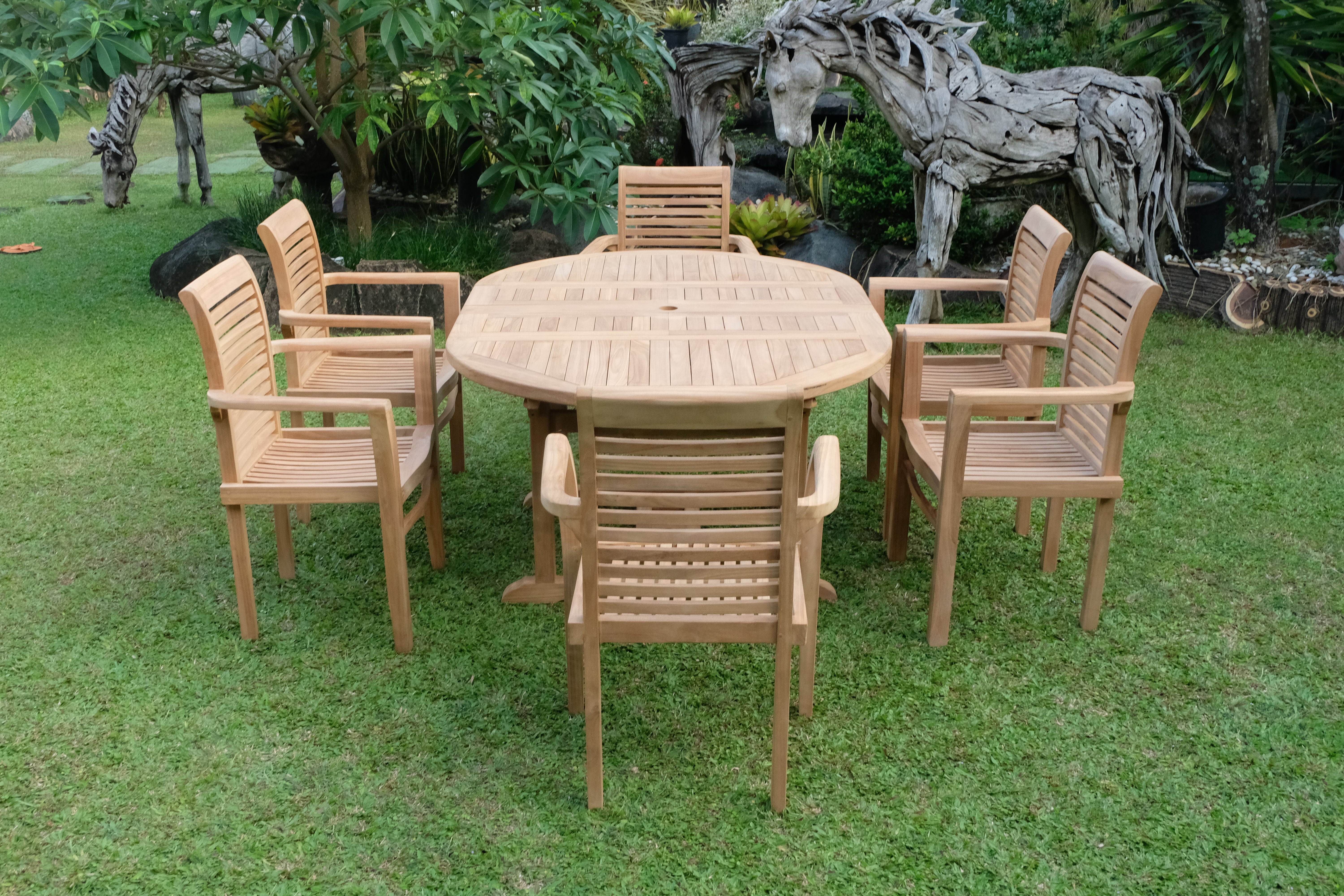 Teak Dorchester 6 Seater  Round to Oval Extending Table 1.2m-1.7m ( 4cm Thick Top) with 6 Belgrave Stacking Chair (Garden / Outdoor Dining Set)