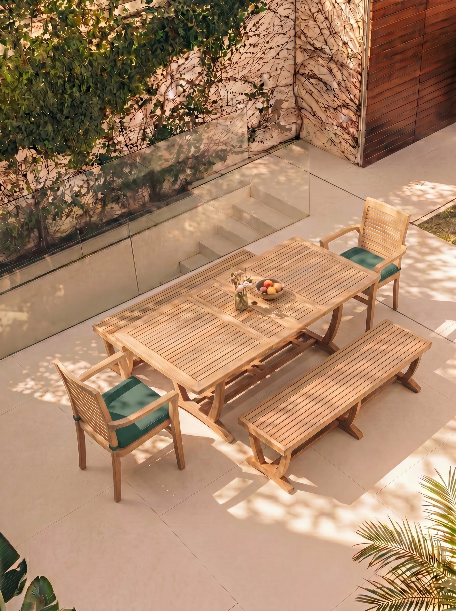 Teak Burnham 8 Seater Extending Table 1.8m-2.4m (4cm Thick Top) with 2* Teak Belgrave Stacking Chairs and 2* Burnham Bench 1.8m (Garden / Outdoor Dining Set)